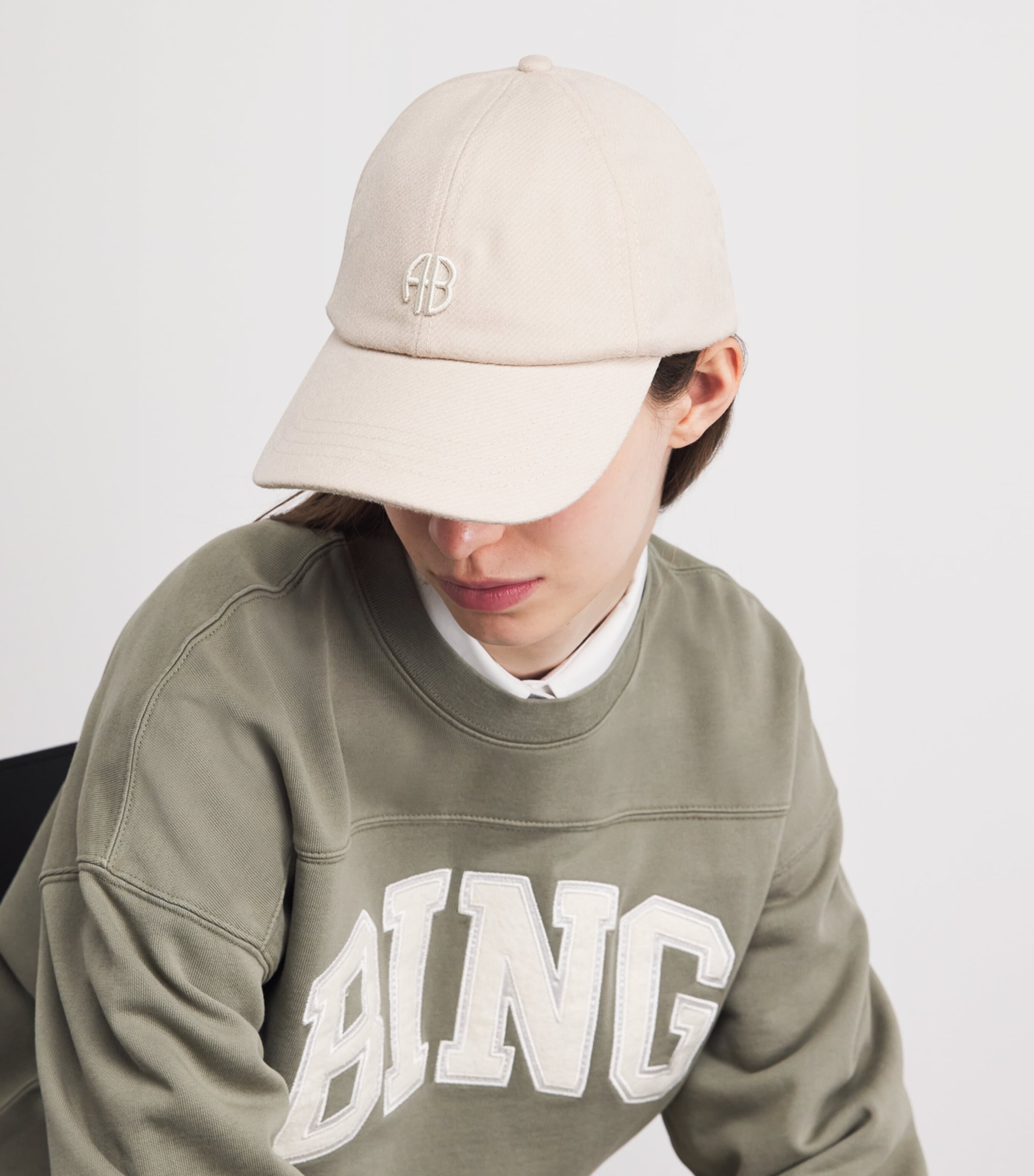 ANINE BING Embroidered Jeremy Baseball Cap Beige Wool Image 2