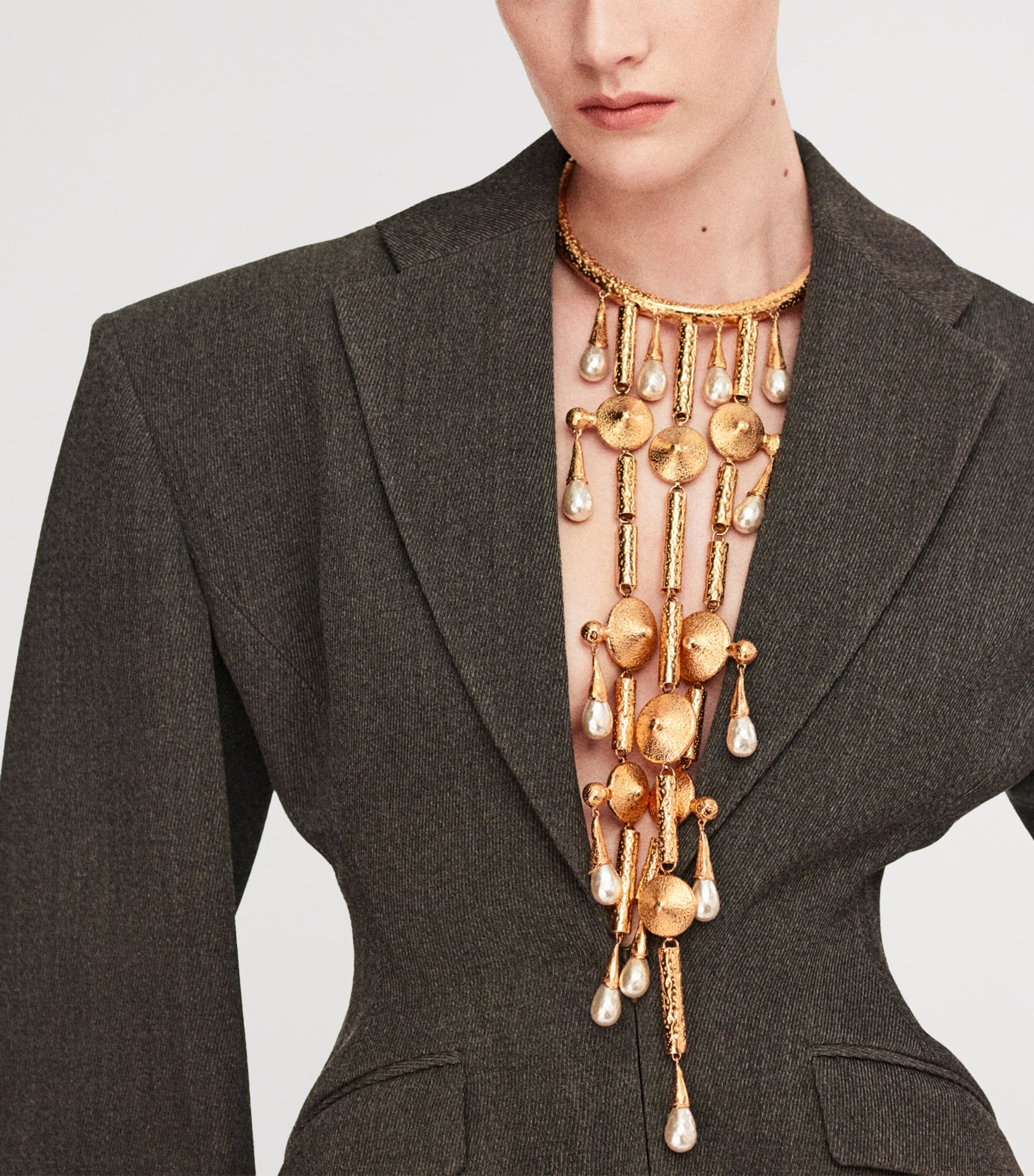 Pearl-Embellished Chandelier-Style Necklace 001 GOLD Image 3