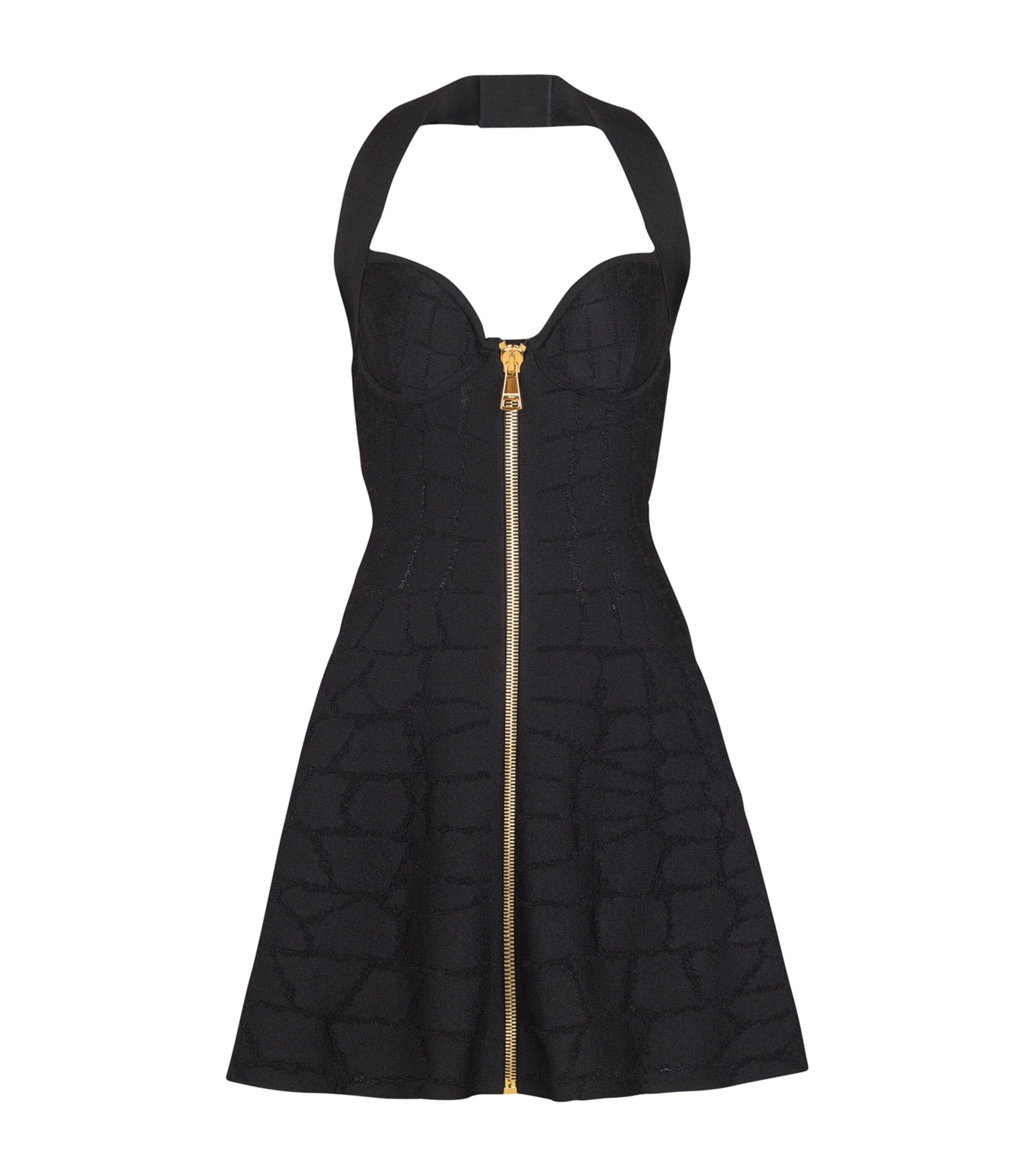 Balmain Flared Halterneck Dress In Crocodile Knit In Black