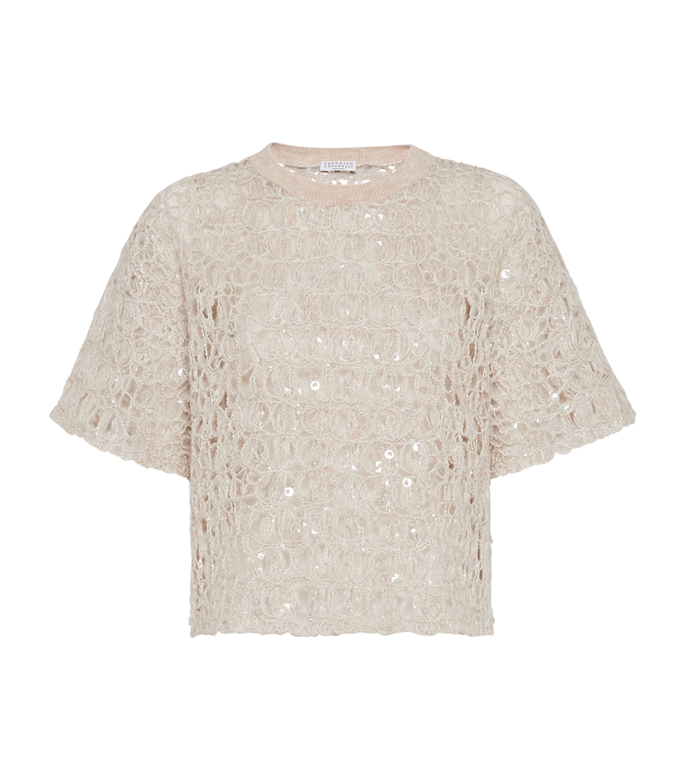 Brunello Cucinelli Open-weave Embellished Sweater In Sand