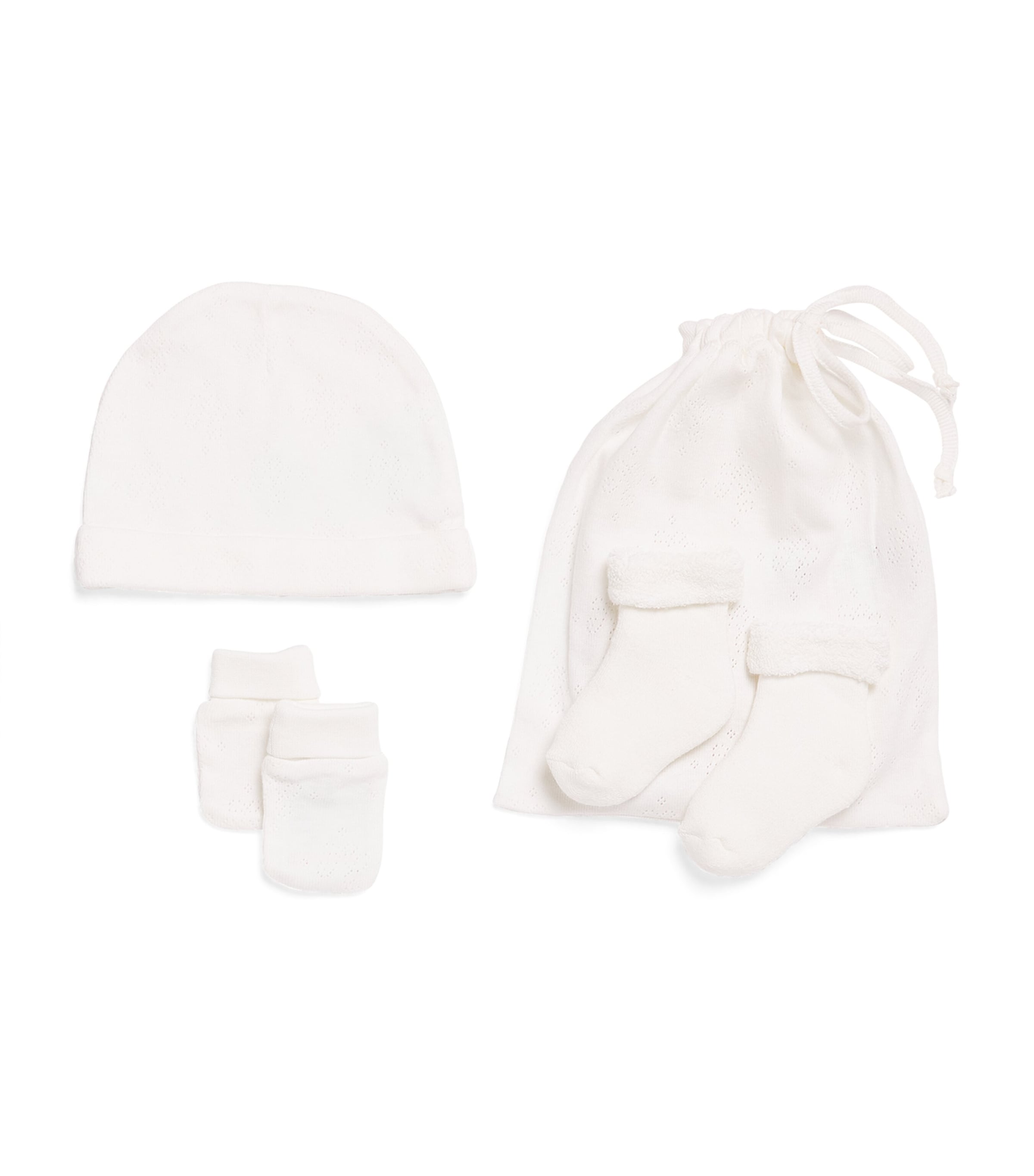 Tartine Et Chocolat Cotton Hat, Mittens And Socks Set In White