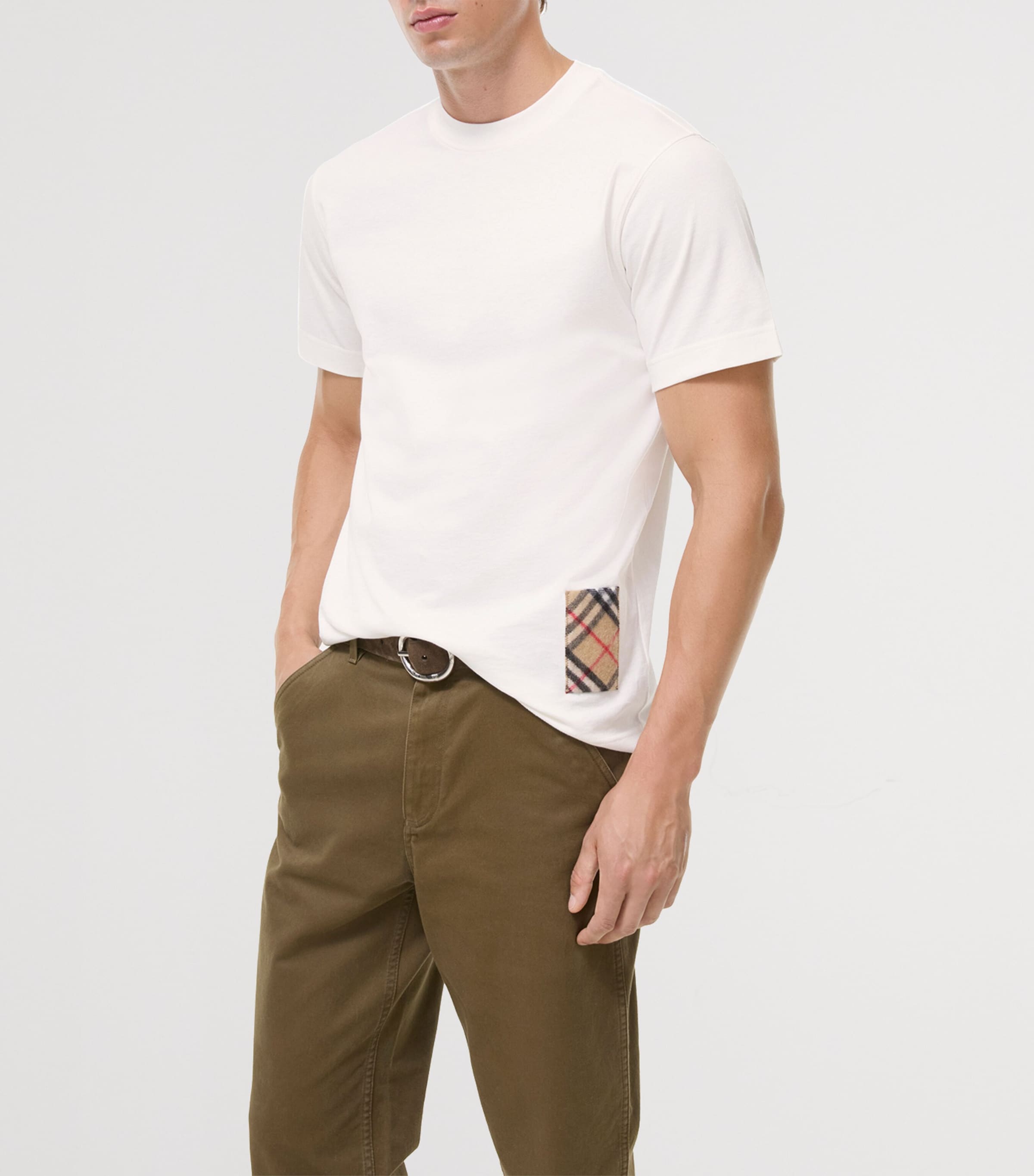 Burberry Mens Cotton Check-Patch T-Shirt Chalk Image 2