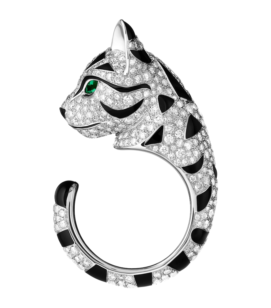 White Gold, Diamond and Emerald Fuzzy, the Leopard Cat Ring WHITE GOLD Image 1