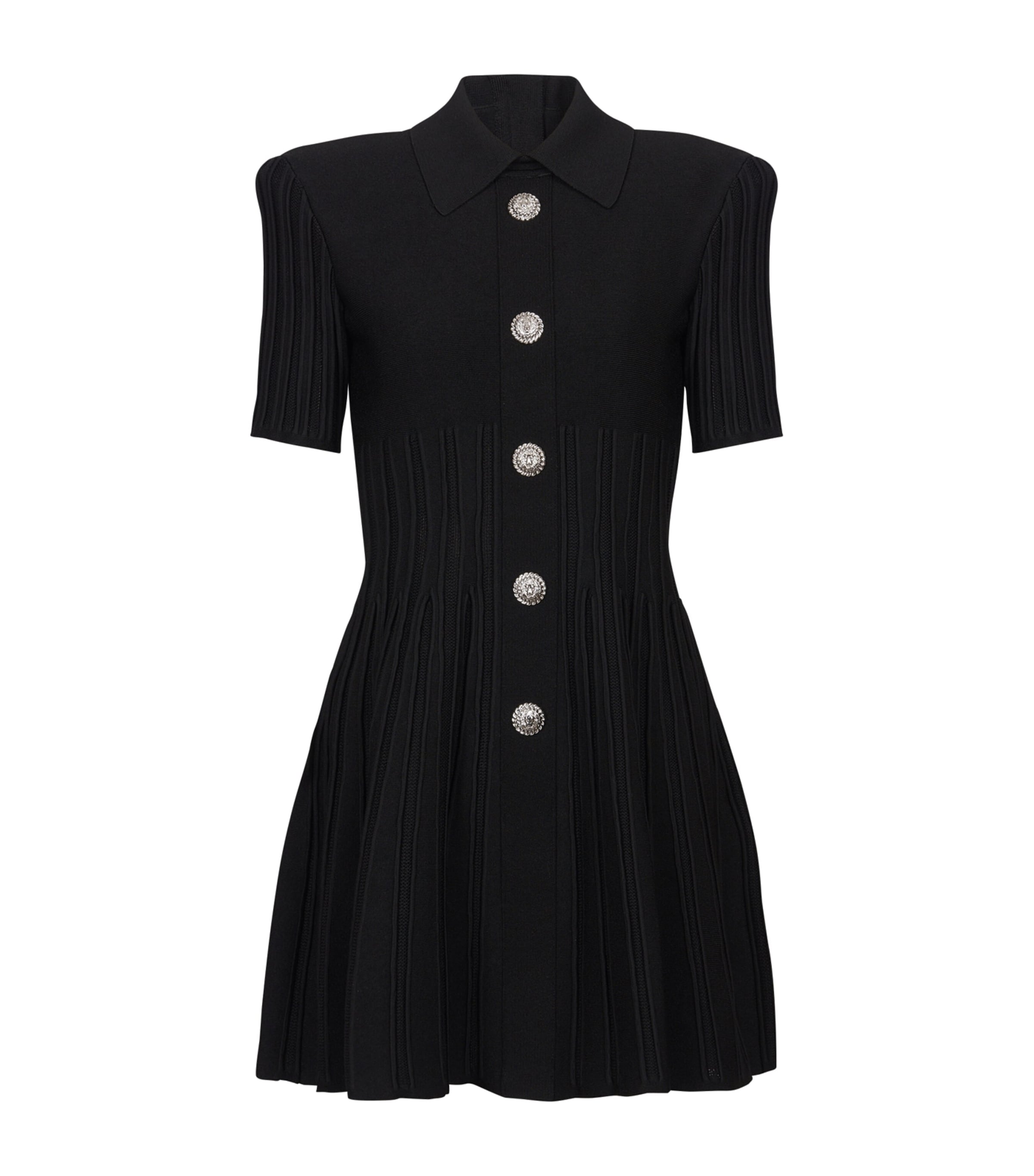 Balmain Short-sleeve Button-front Ribbed Knit Mini Shirtdress In Black