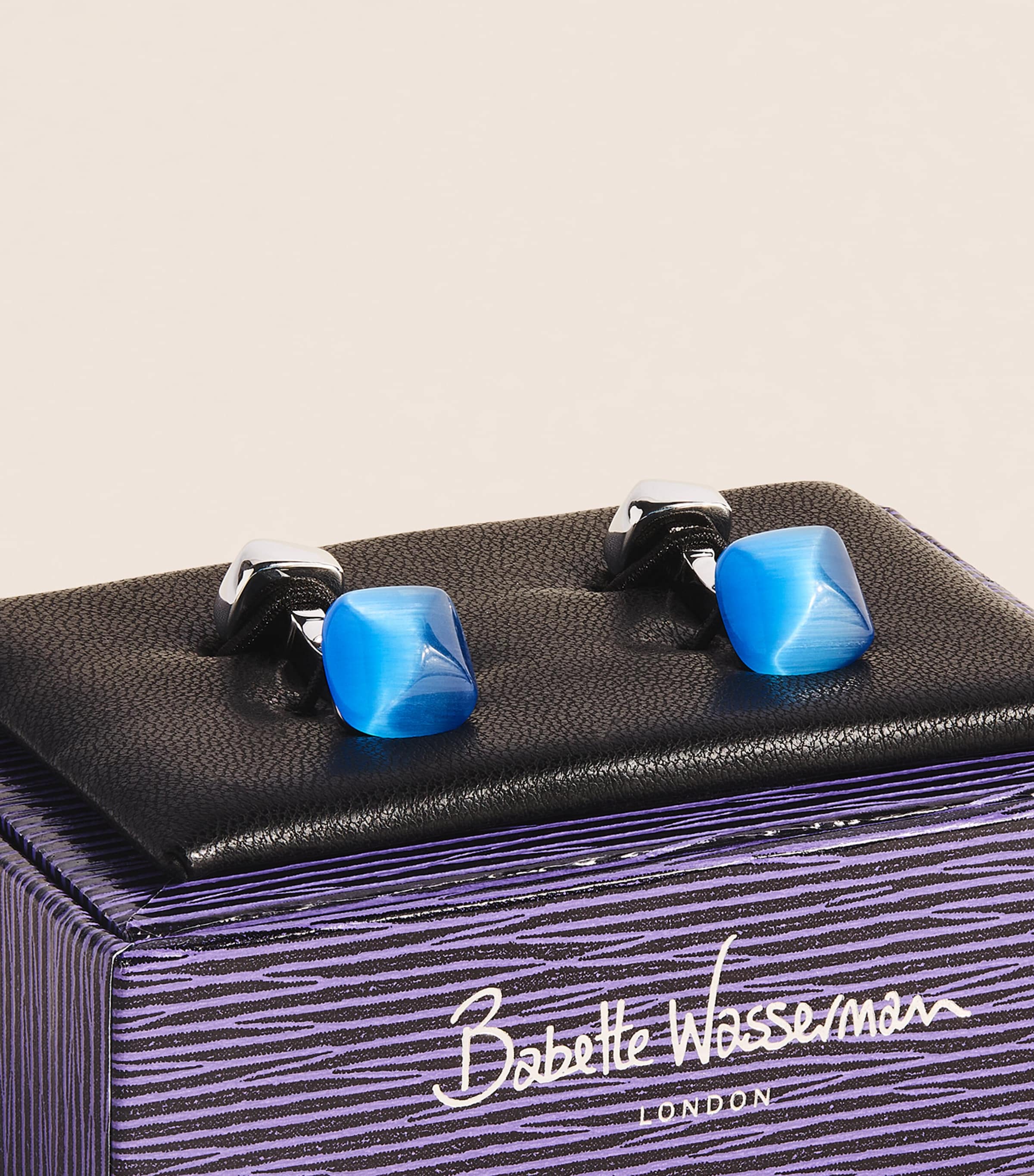 Babette Wasserman Rhodium-Plated Catseye Twist Square Cufflinks Light Blue Image 3