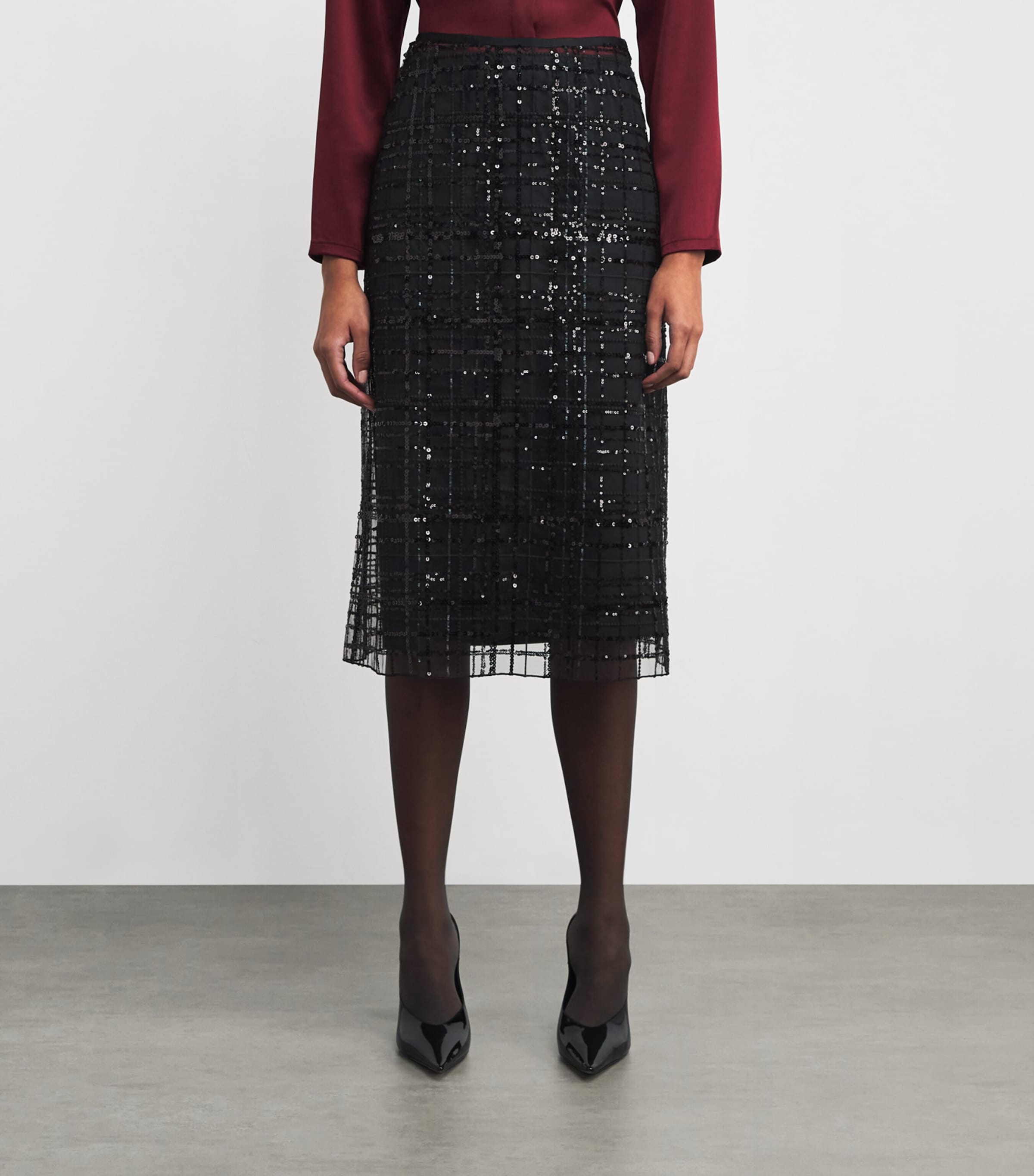 Sequin Check Midi Skirt BLACK Image 3