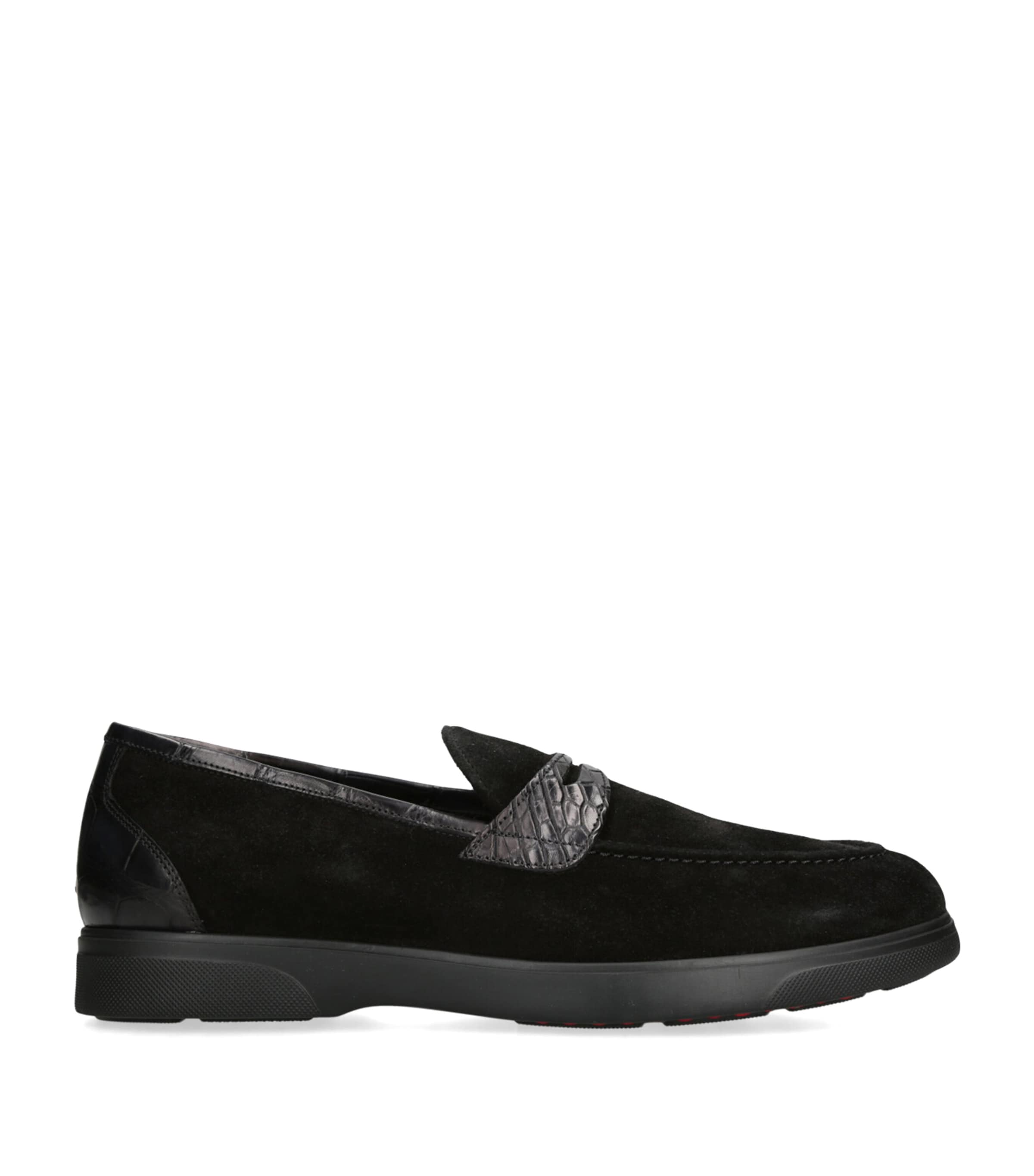 Kiton Suede Crocodile Leather-detail Penny Loafers In Black