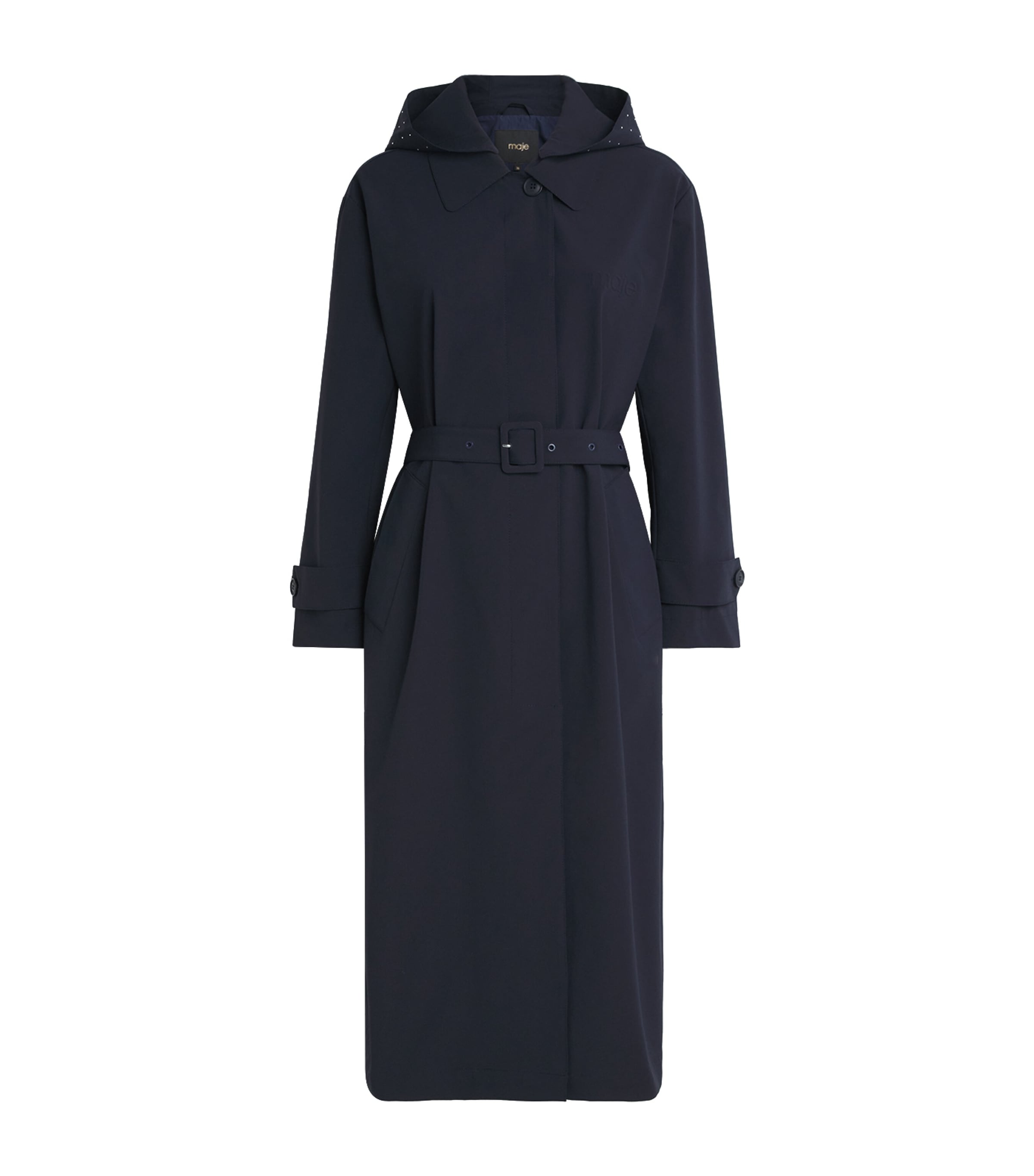 Maje Womens Rhinestone-Detail Trench Coat Navy Image 1
