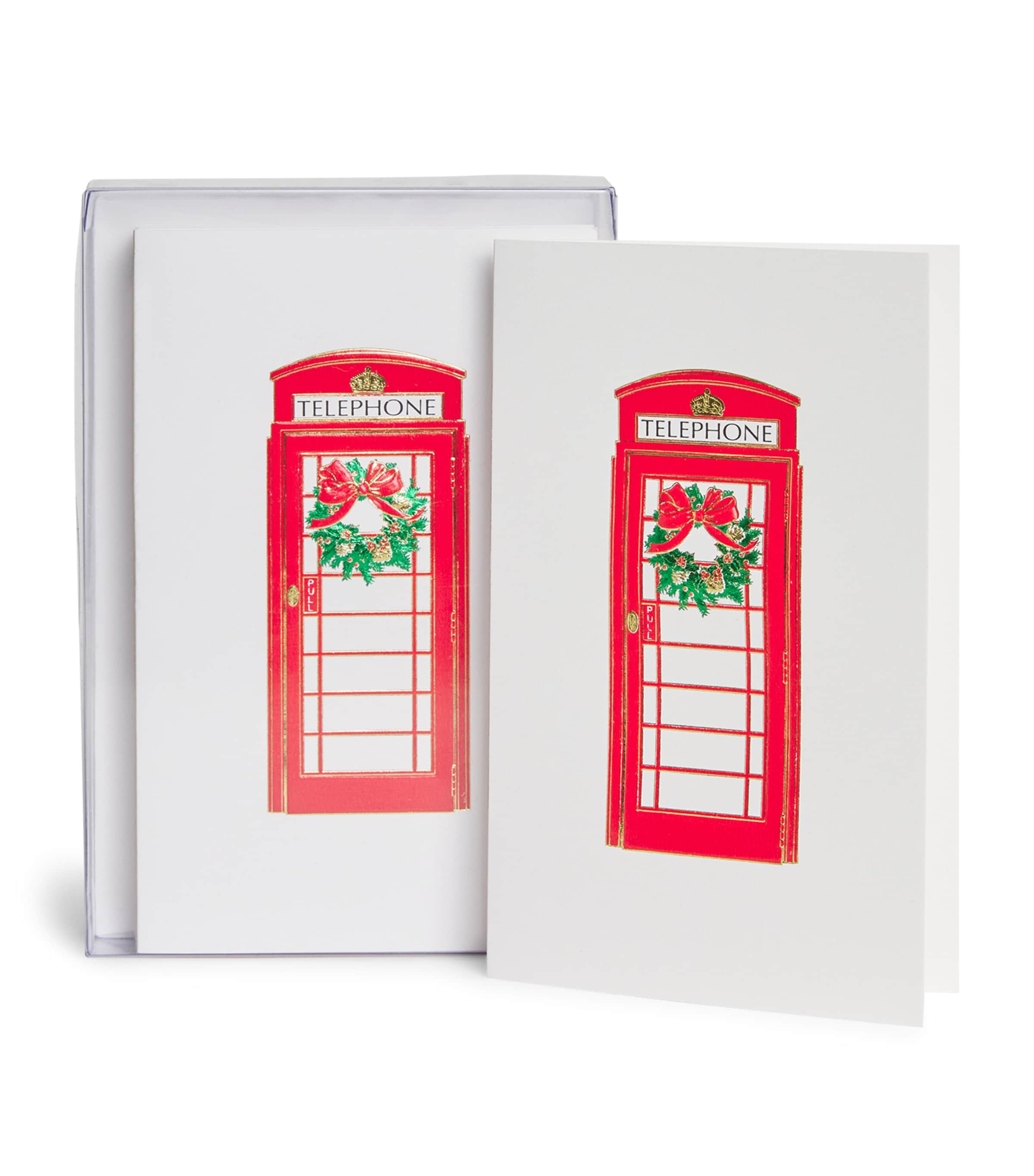 Paula Skene Mini London Phone Booth With Wreath Christmas Cards In Red