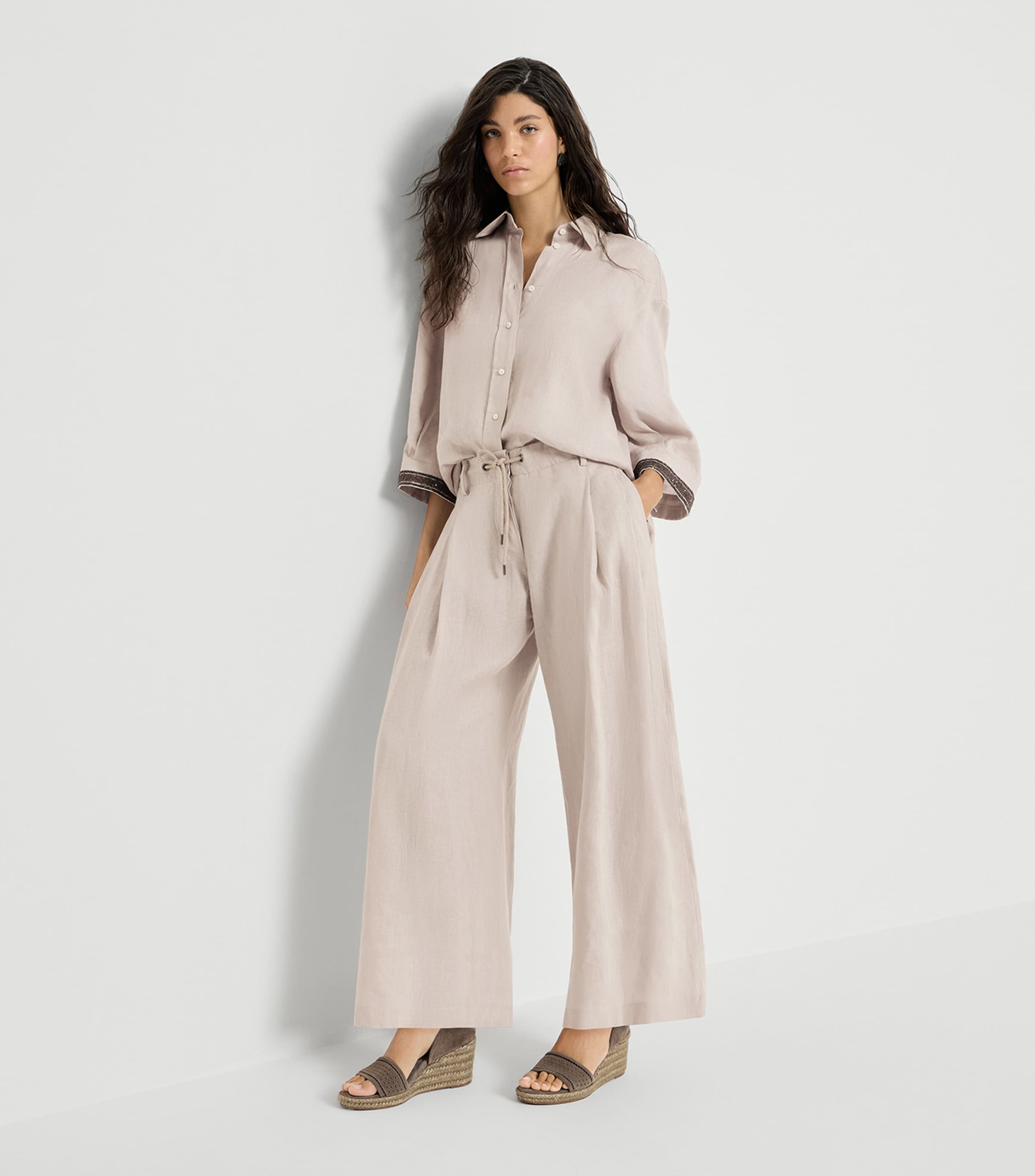 Brunello Cucinelli Womens Linen Drawstring Wide-Leg Trousers Image 4