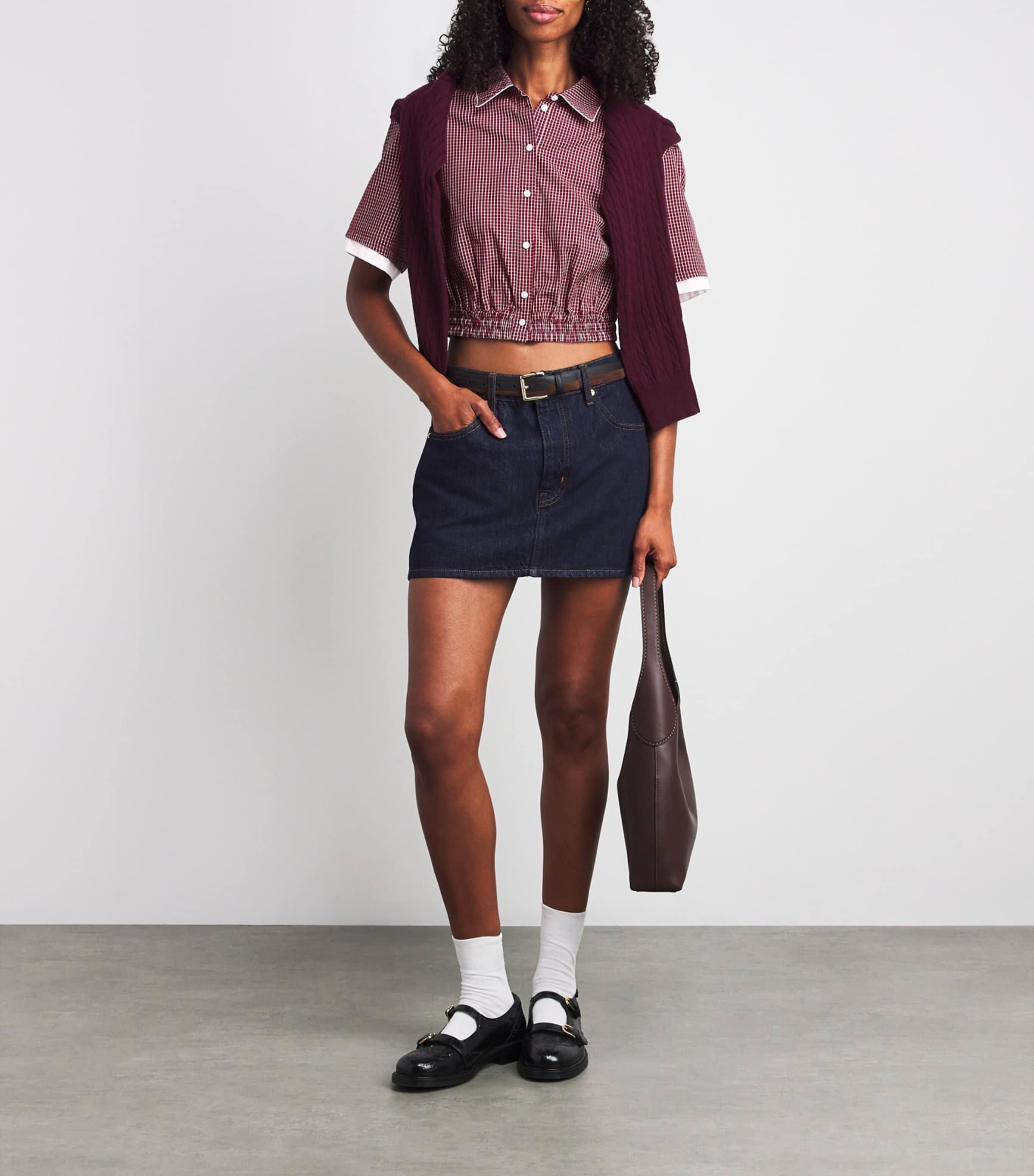 Cotton Check Cropped Shirt BURGUNDY PRINT Image 2