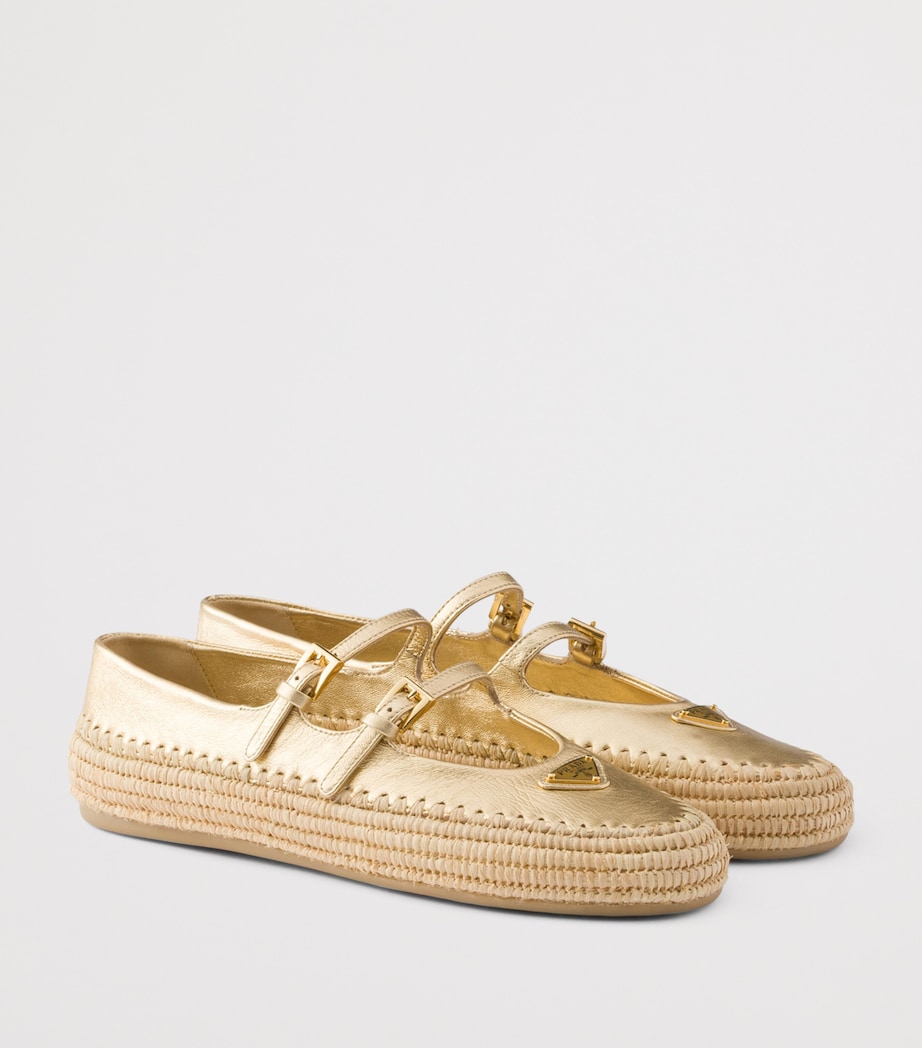 Prada Metallic Leather and Raffia Ballet Flats Gold/silver Image 2