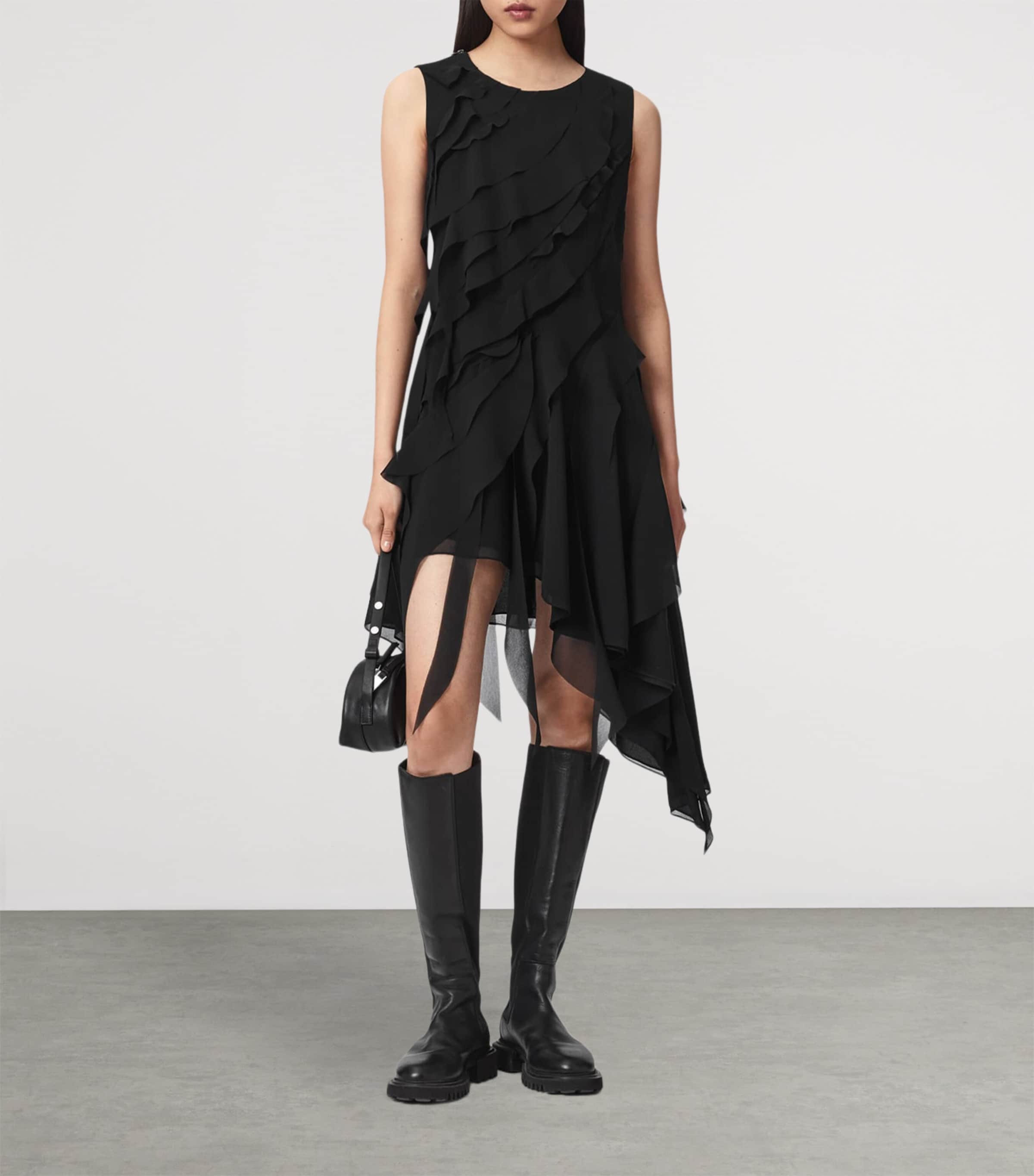 AllSaints Womens Ruffled Asymmetric Angie Midi Dress Black Image 6