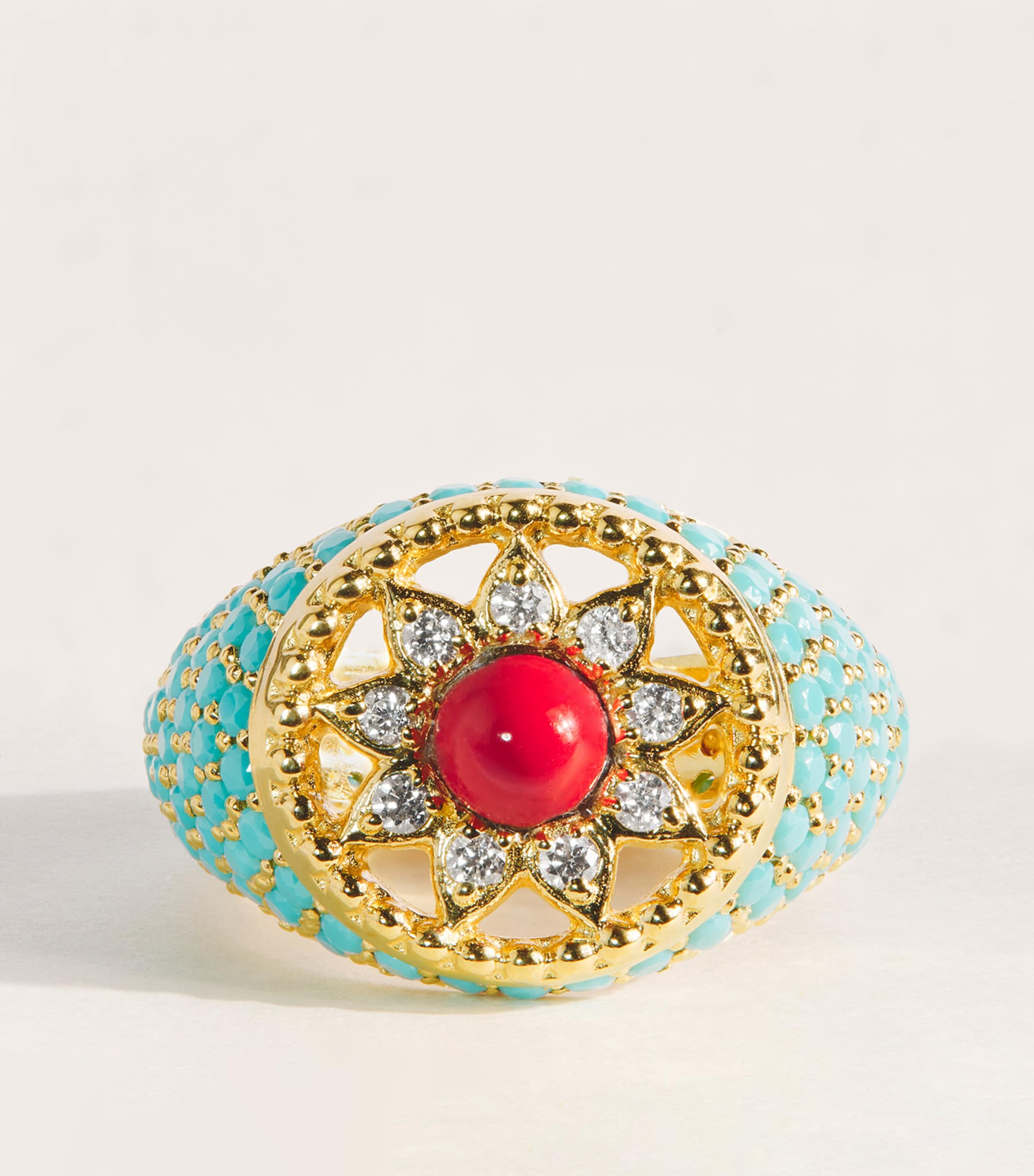 L'ATELIER NAWBAR Yellow Gold, Diamond, Coral and Turquoise Cosmic Love Arabesque Pinky Ring Yellow Gold Image 1