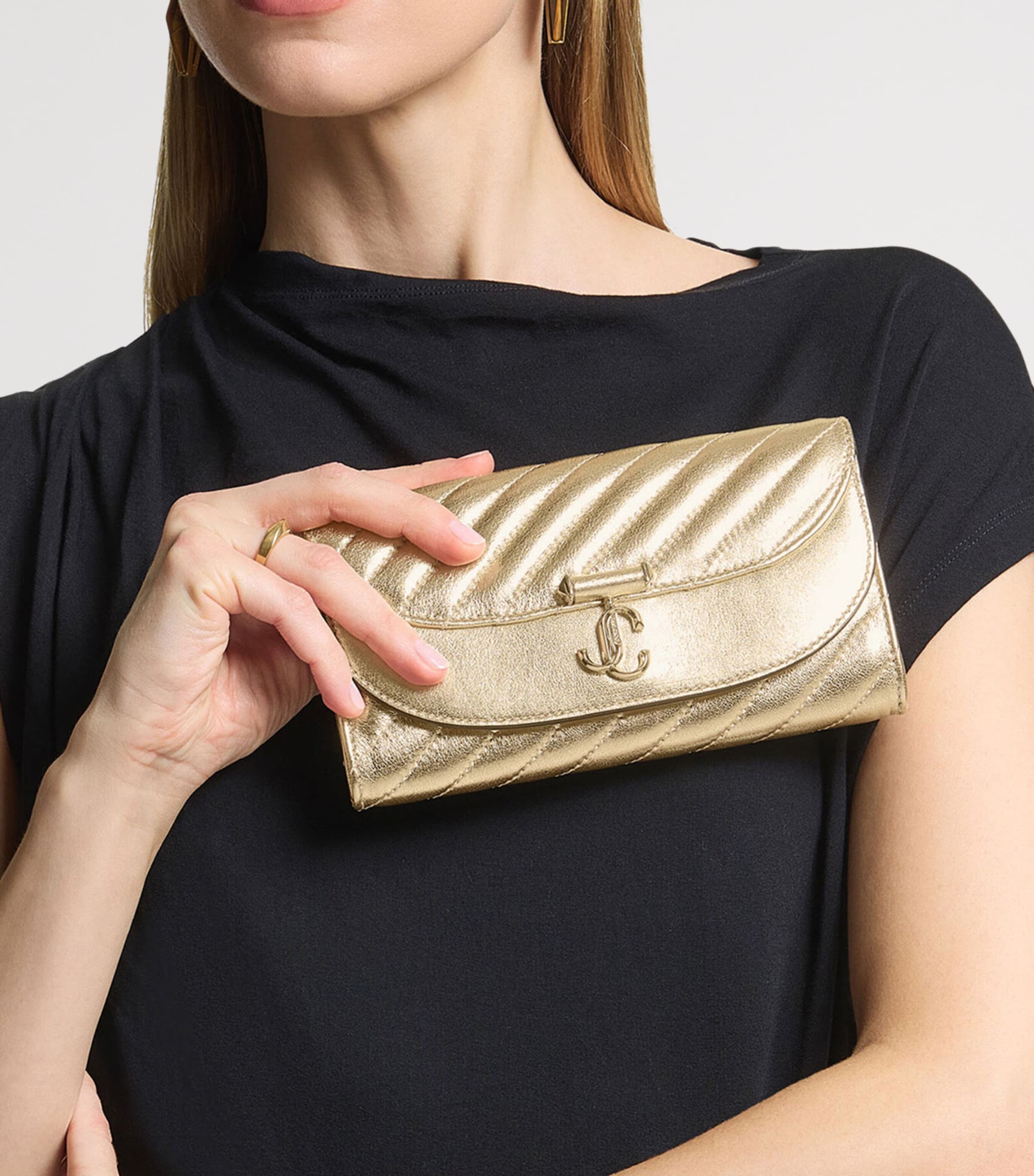 Jimmy Choo Gold Leather Curve Chain Wallet | Harrods UK