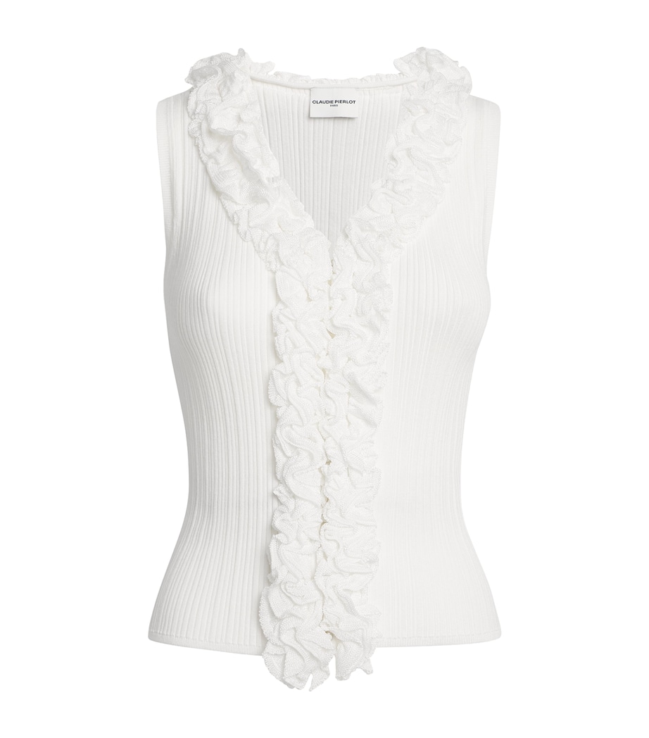 Claudie Pierlot Womens Ruffle-Trim Ribbed Tank Top White Image 1