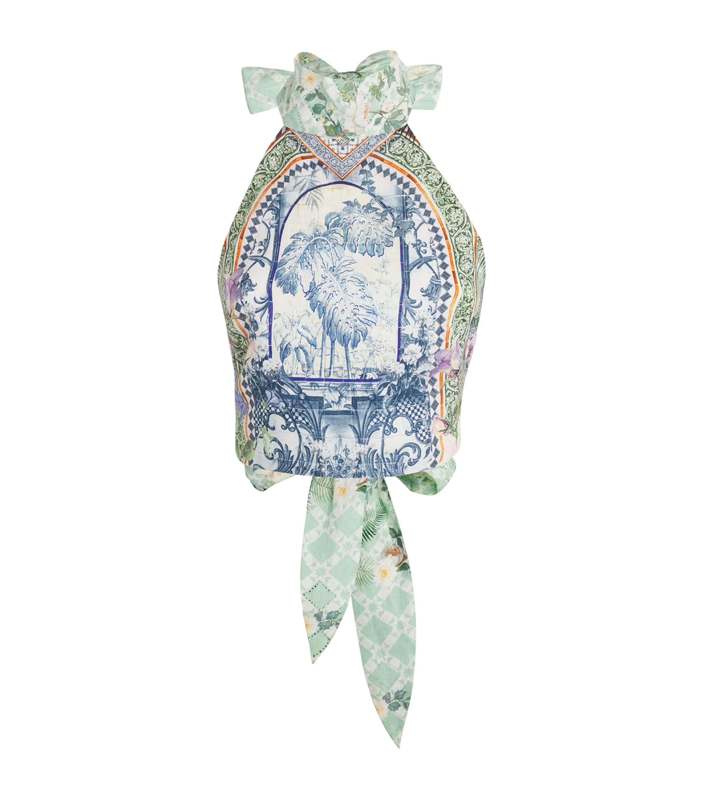 Camilla Linen Jardim Party Halterneck Top In Blue
