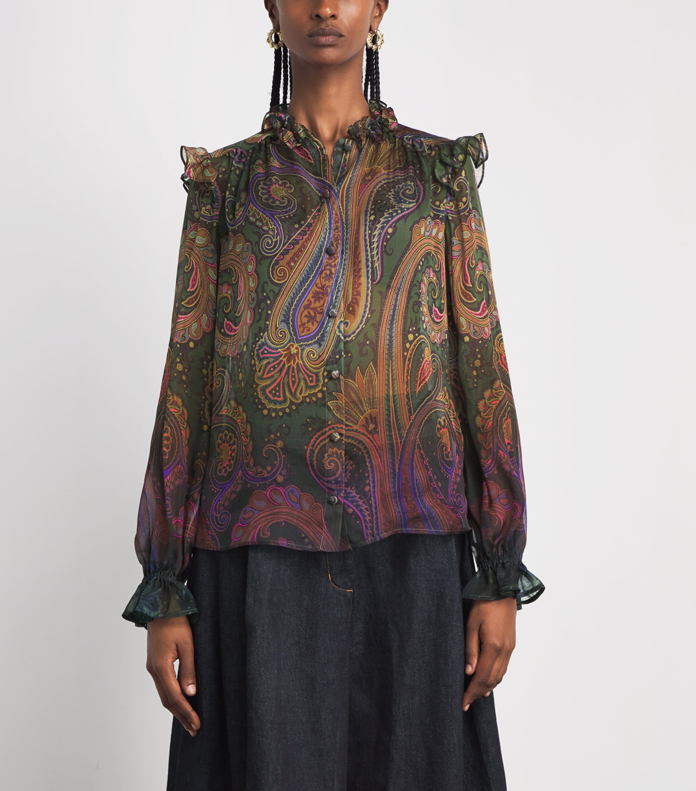 Etro Womens Silk Ruffle Paisley Blouse Green Image 4