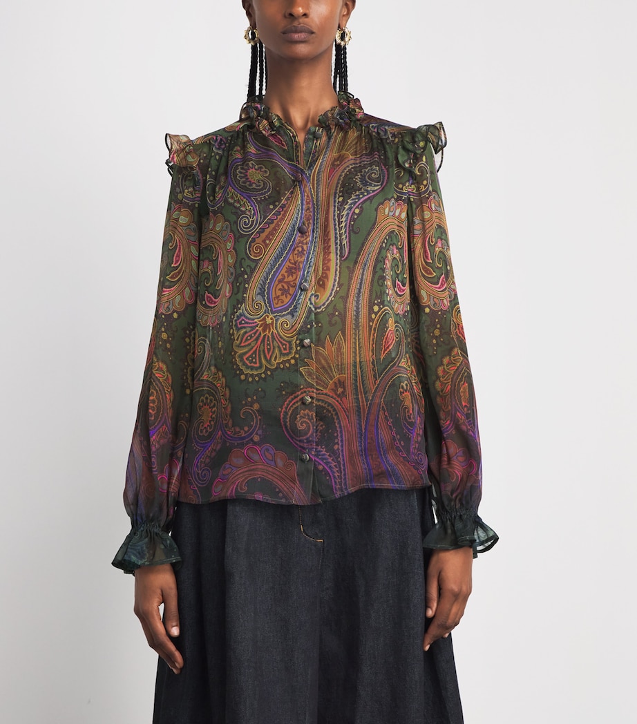 Etro Womens Silk Ruffle Paisley Blouse Green Image 4