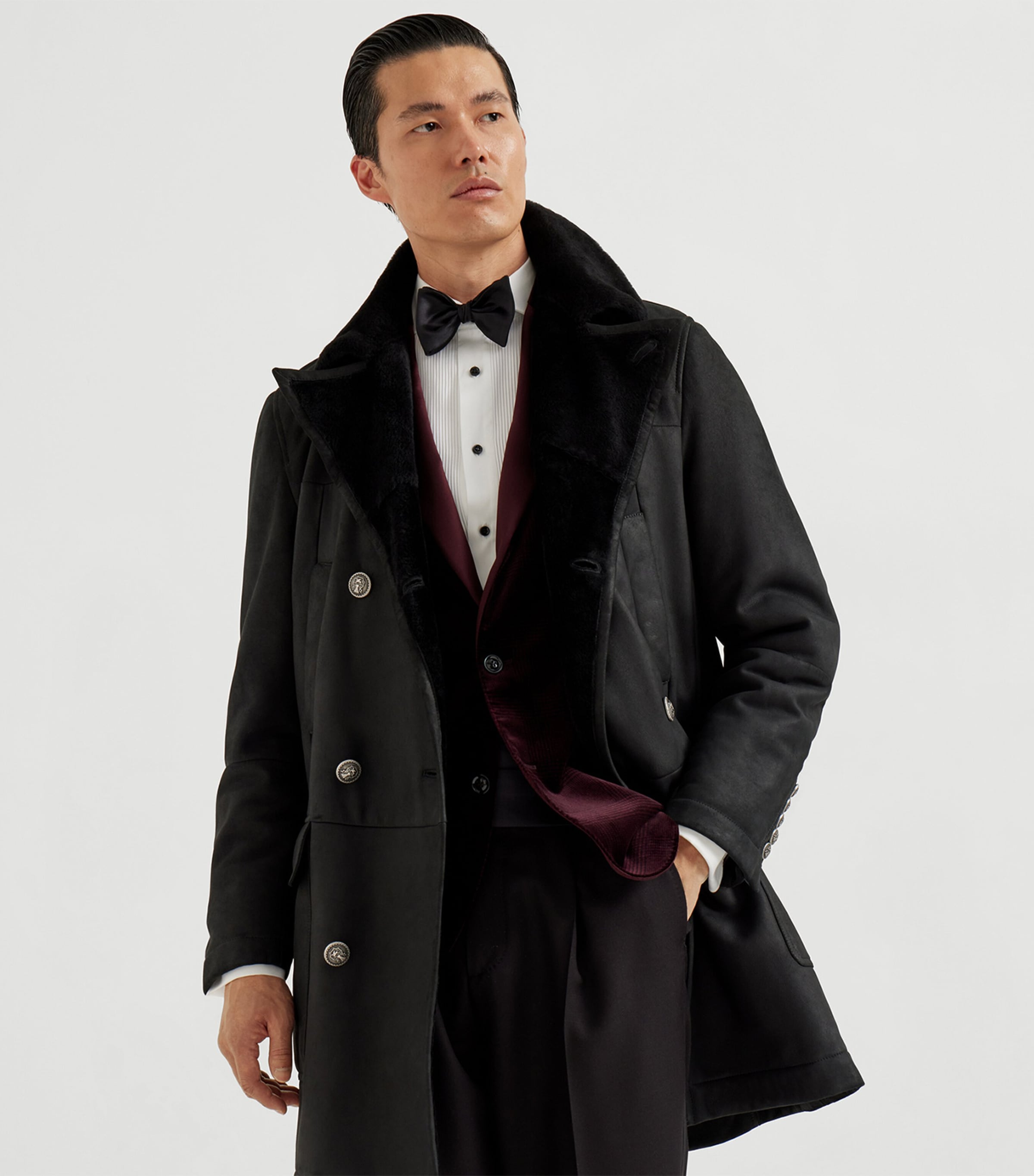 Suede Shearling-Trim Pea  Coat C101 Image 2