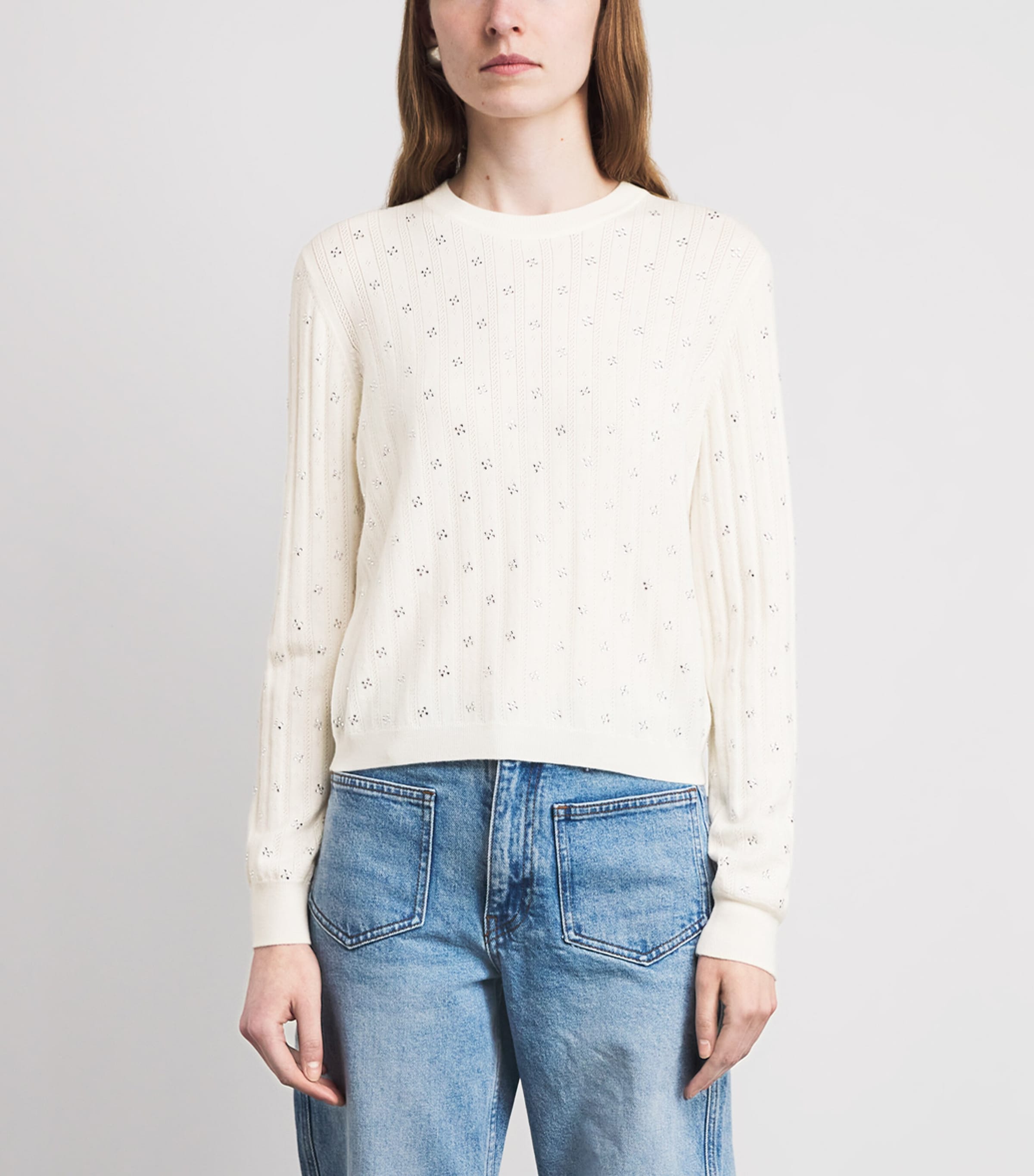 Maje Womens Wool-Blend Rhinestone Sweater Ecru Image 4