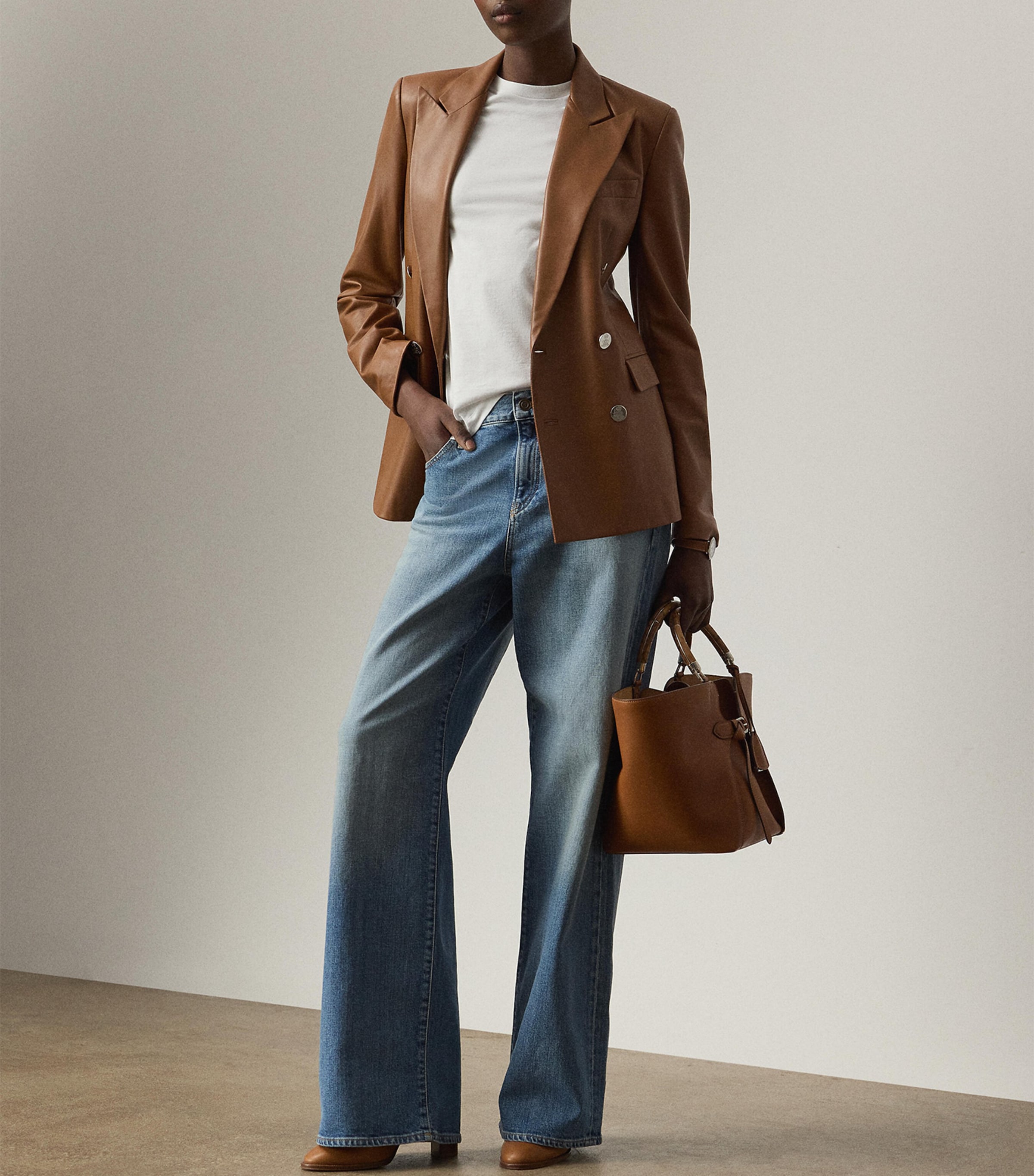 Leather Double-Breasted Blazer LIGHT TOFFEE Image 2