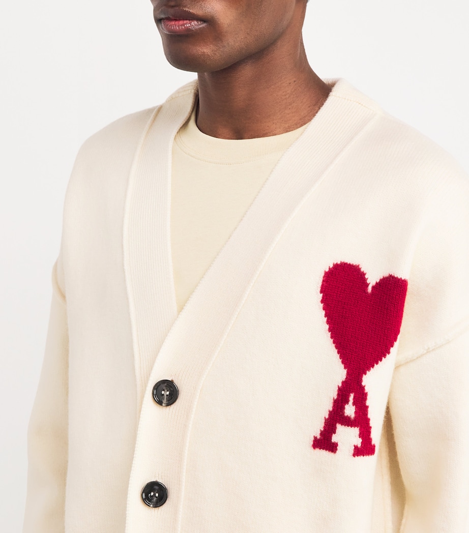 AMI Paris Mens Virgin Wool Ami de Coeur Cardigan Ecru/rouge Image 6