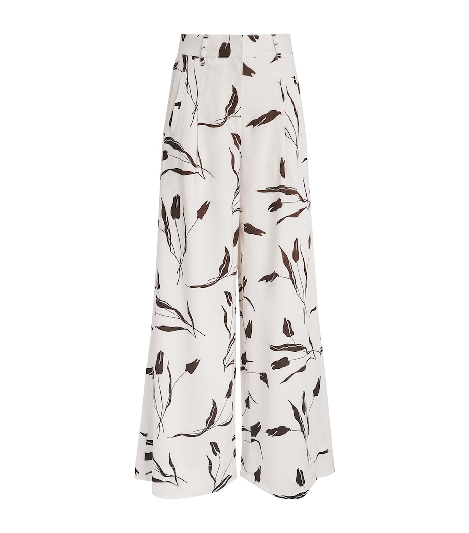 ME+EM Womens Linen-Blend Tulip Print Wide-Leg Trousers Light Cream/brown Image 1