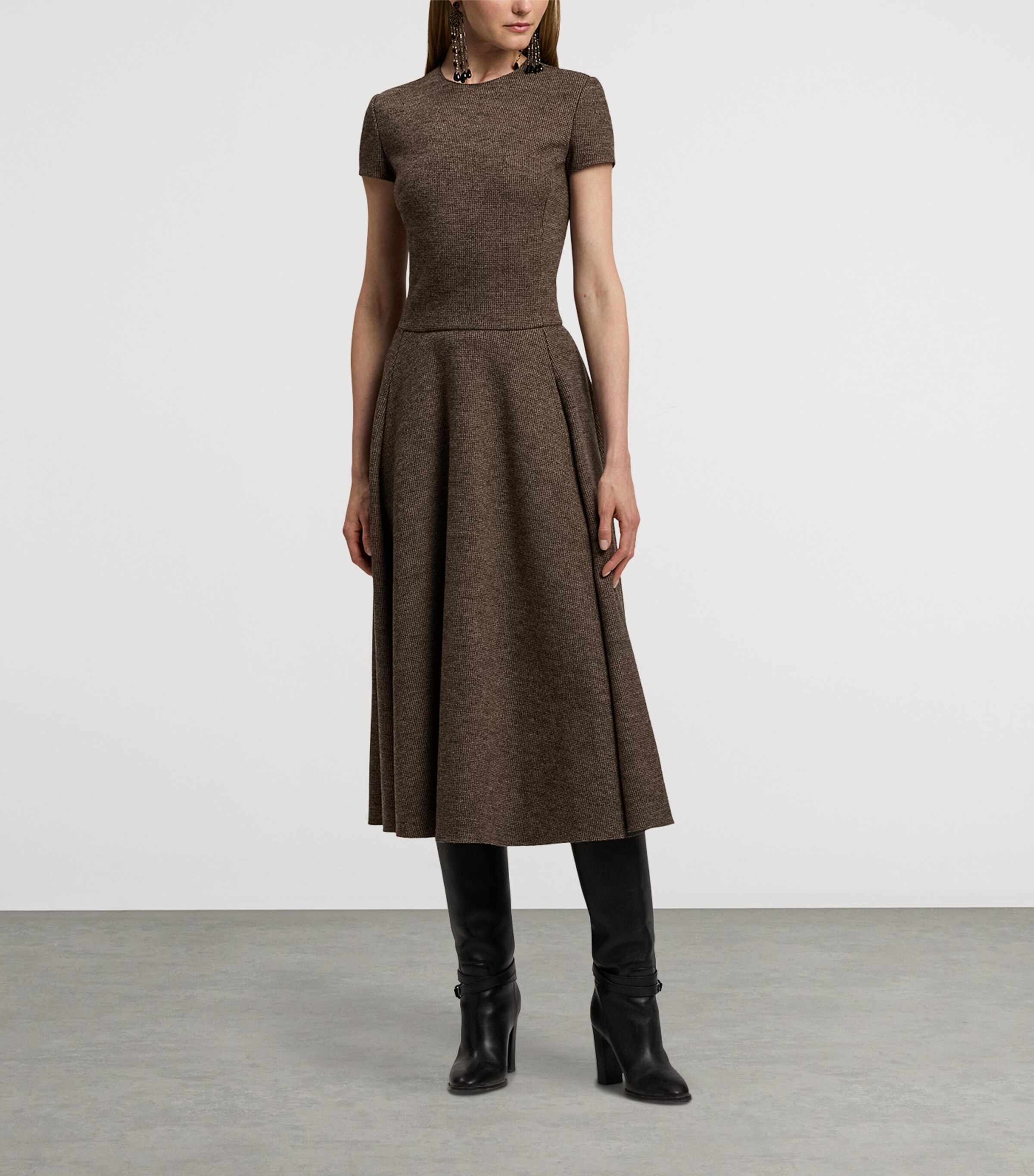 Wool Tick-Weave Margaret Midi Dress DARK BROWN/CAMEL Image 12