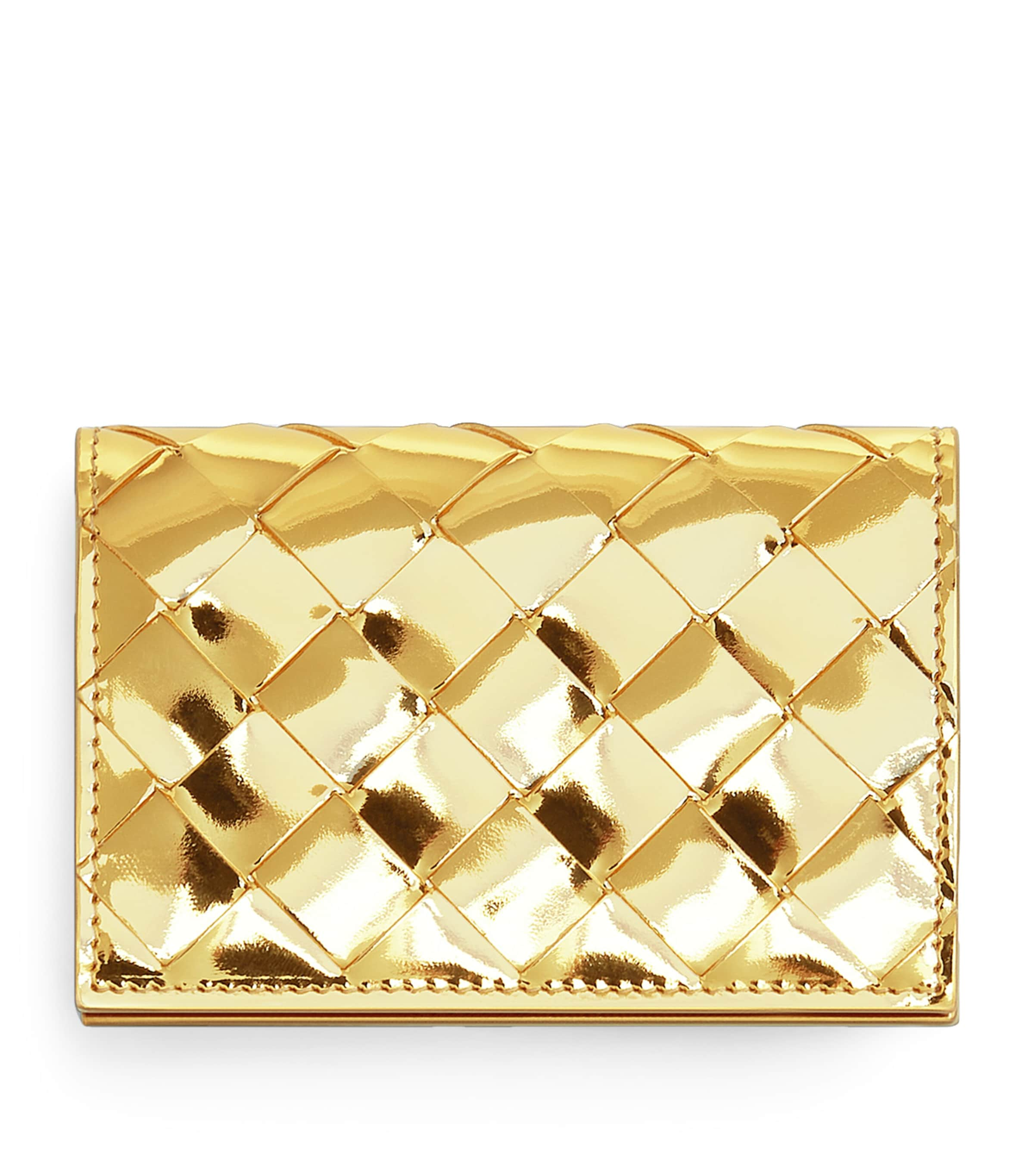 Bottega Veneta Leather Intrecciato Card Holder In Gold