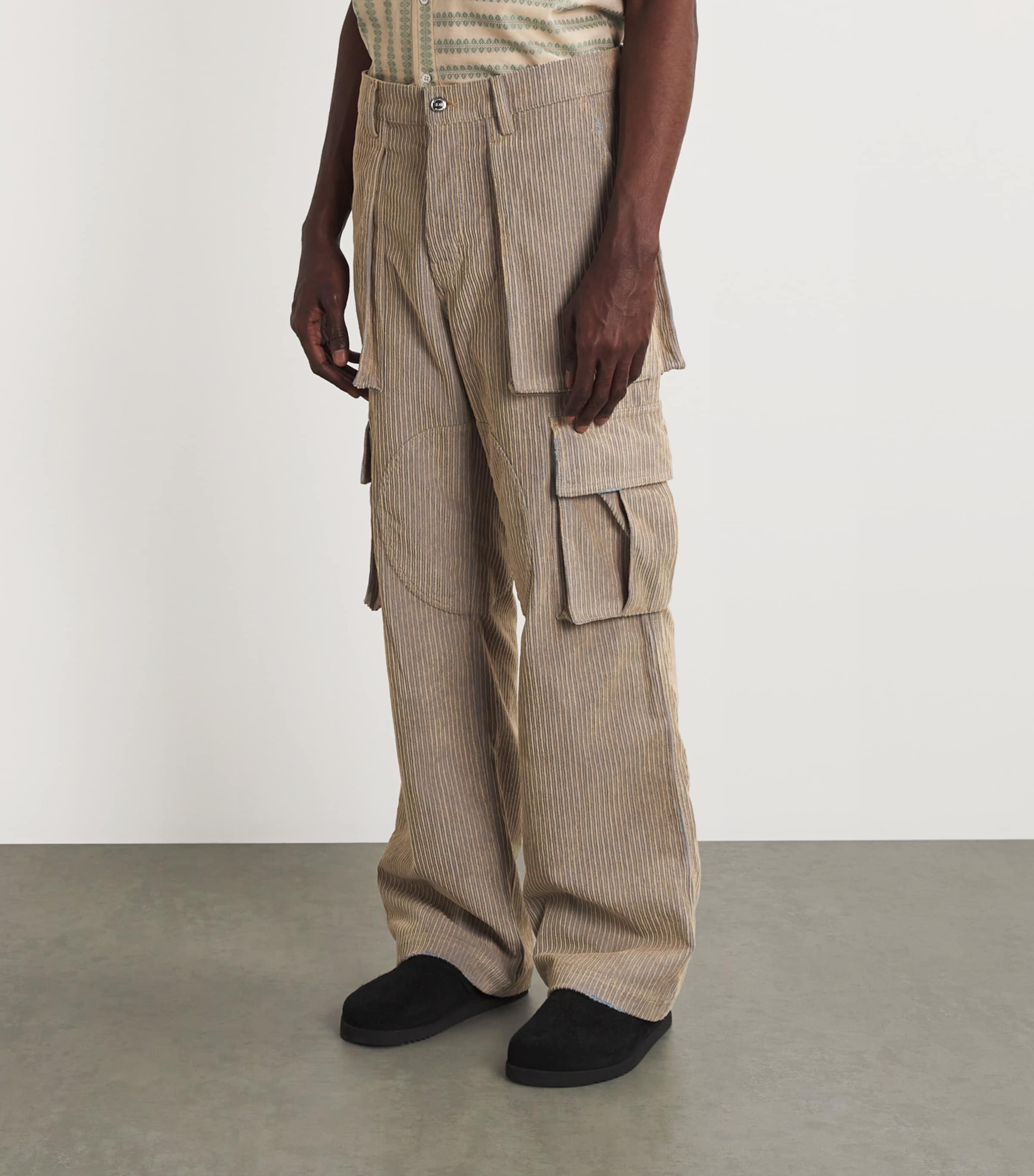 Nahmias Mens Cotton Corduroy Cargo Trousers Beige Wash Image 3