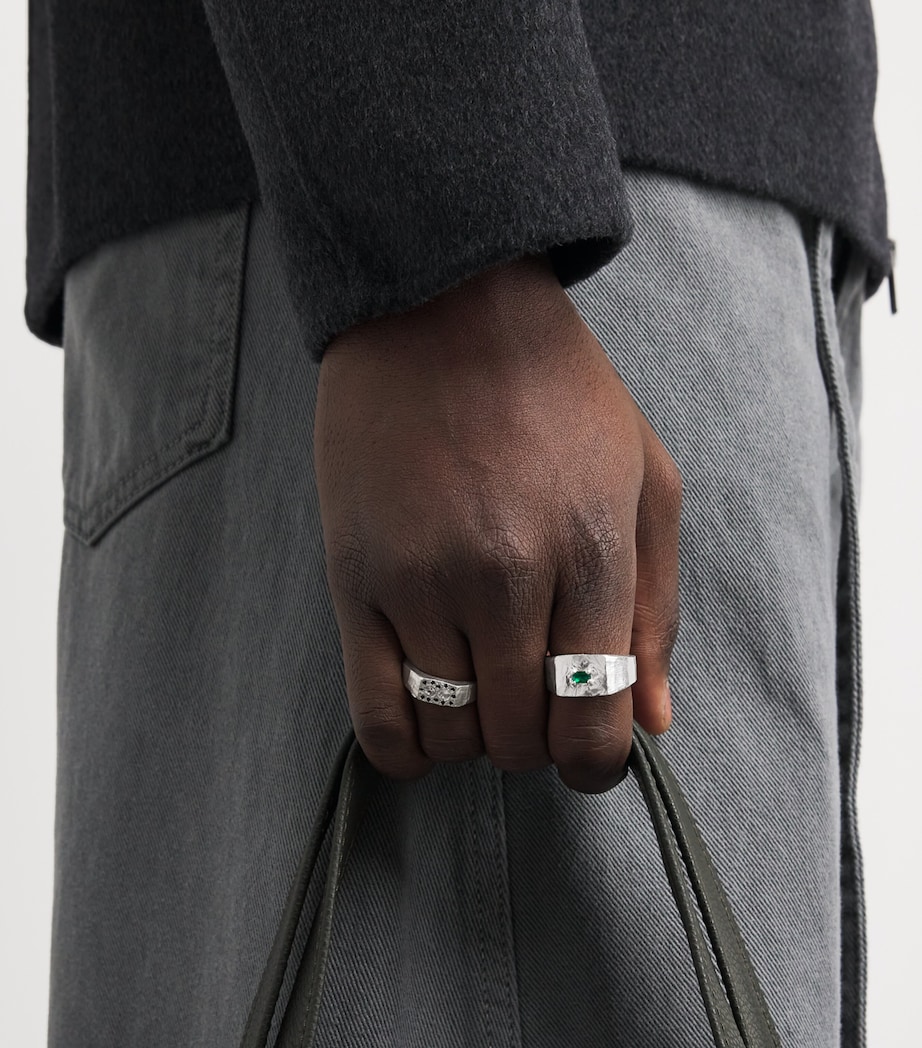 Sterling Silver and Emerald Square Signet Ring GREEN Image 2