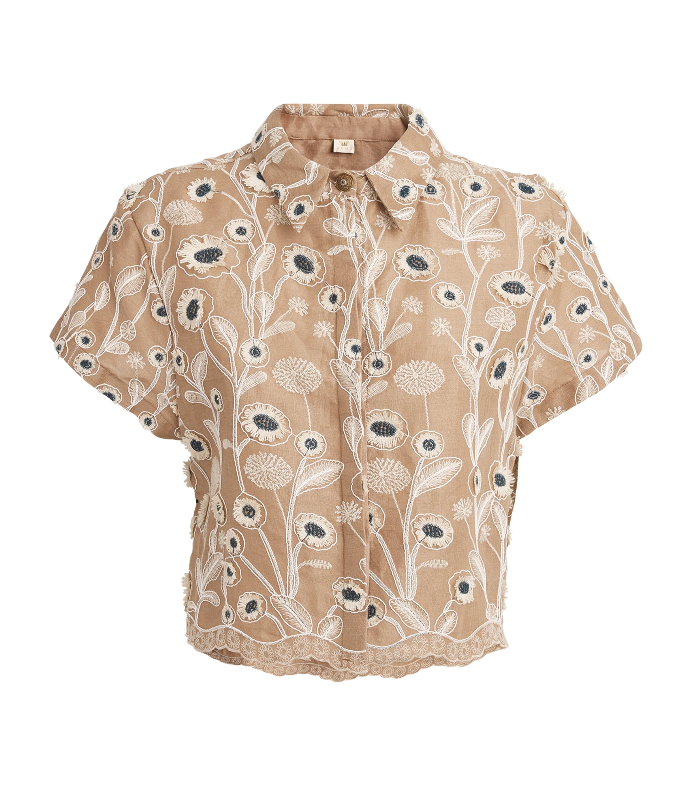 Shop Agua By Agua Bendita Linen Floral-embroidered Virtuosa Petalo Shirt In Gold