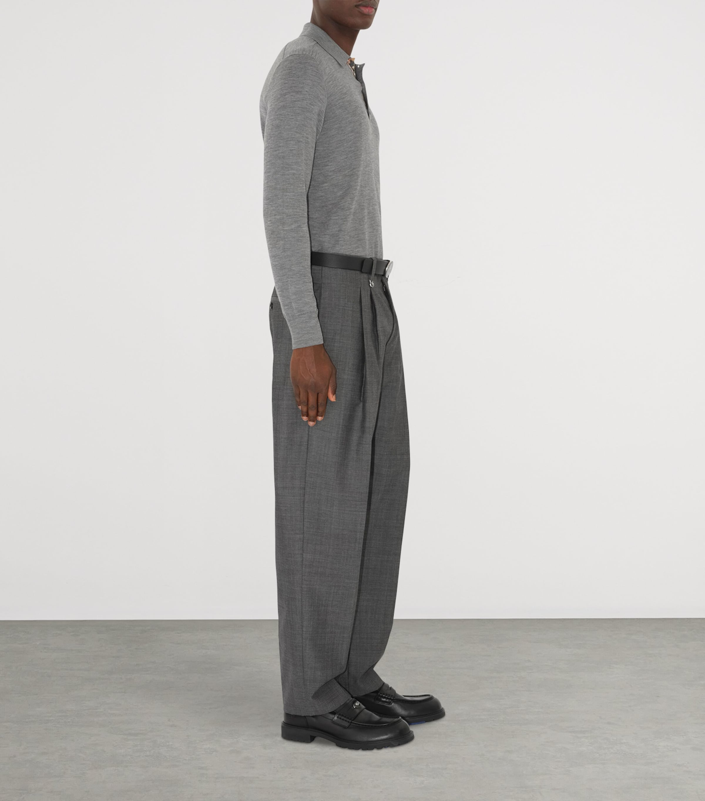 Wool Check-Detail Long-Sleeve Polo Shirt GREY Image 3