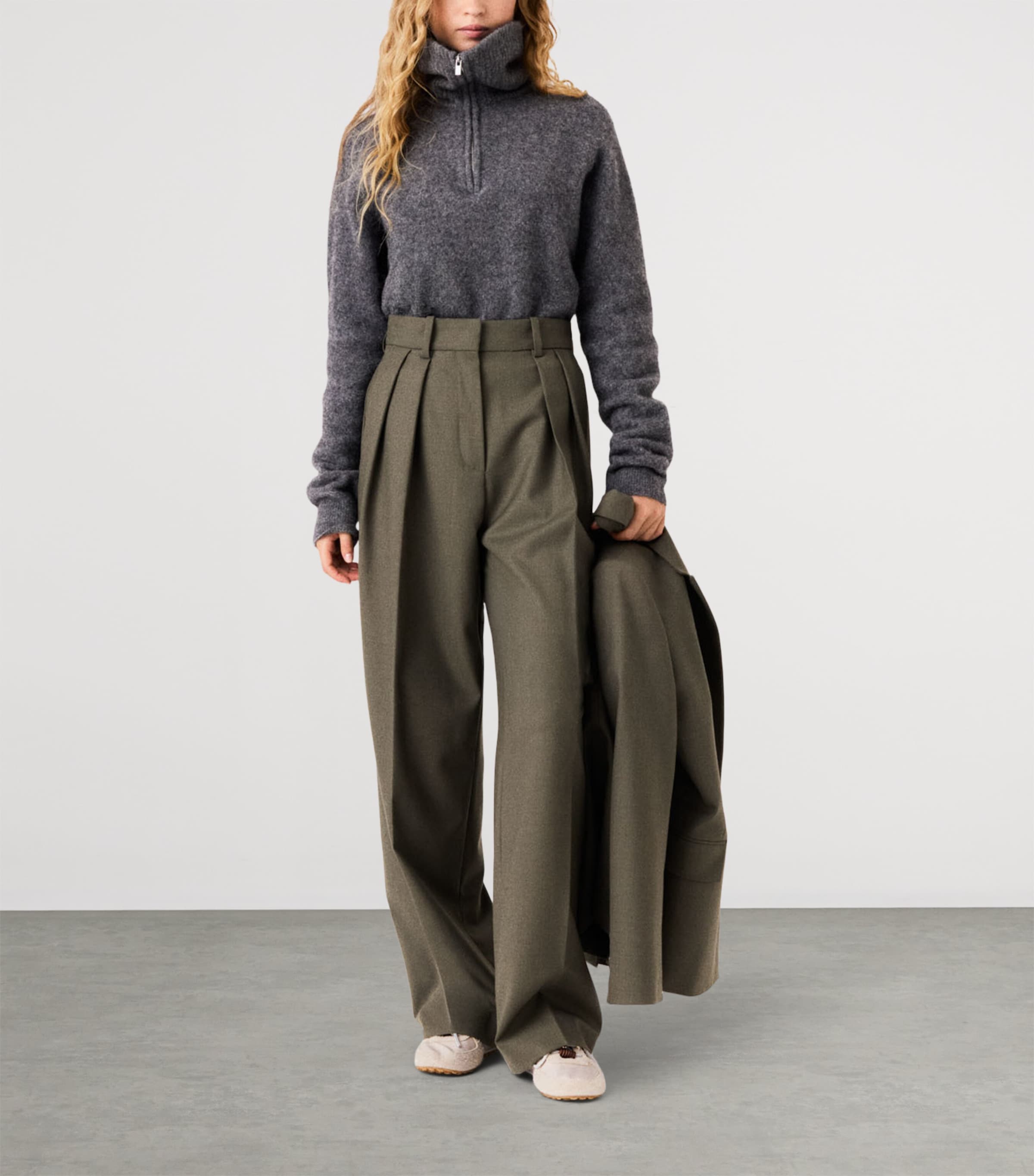 Maje Womens Wool-Blend Pleated Trousers Khaki Image 2