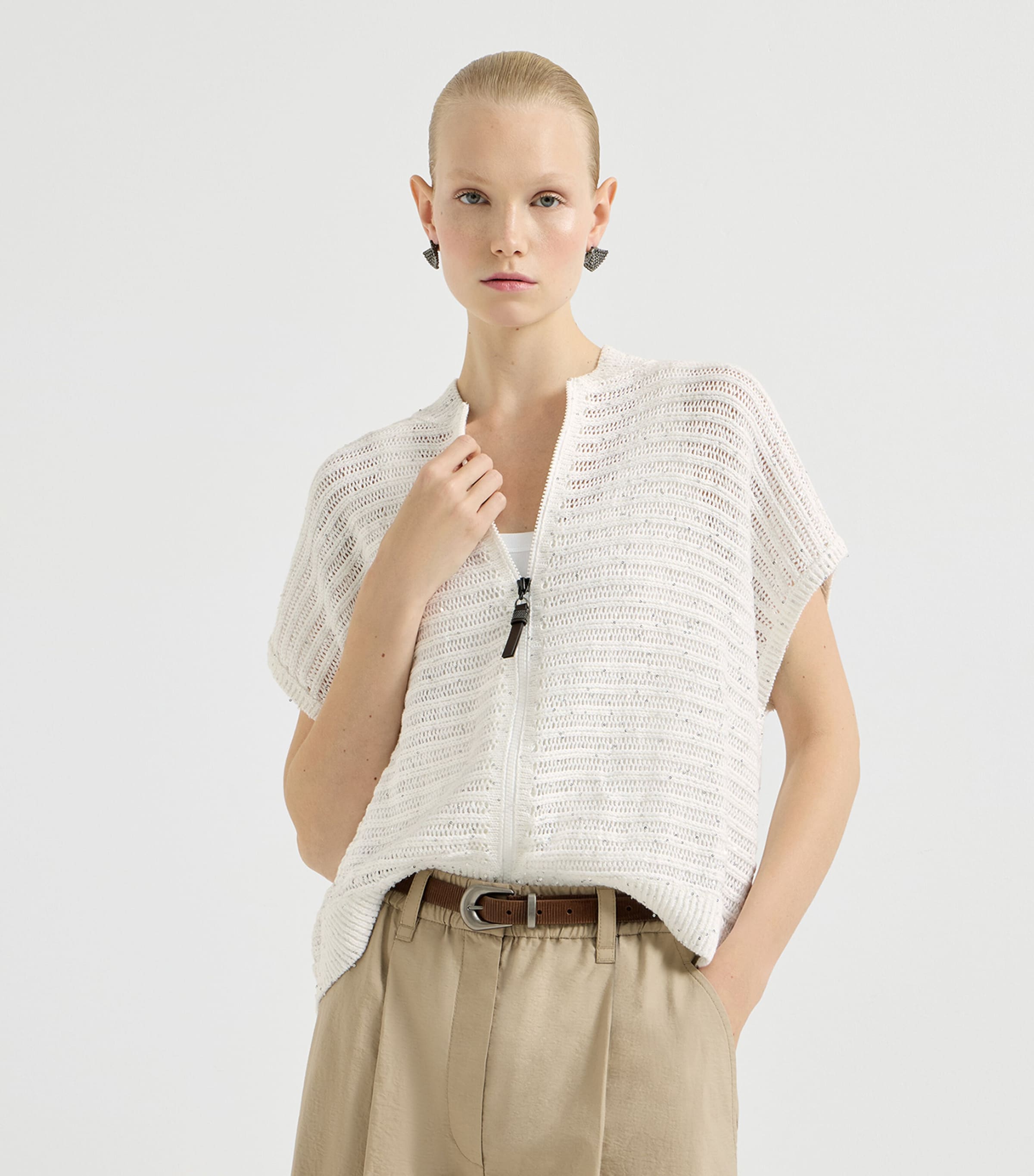 Brunello Cucinelli Womens Linen-Blend Cardigan Vest Image 3