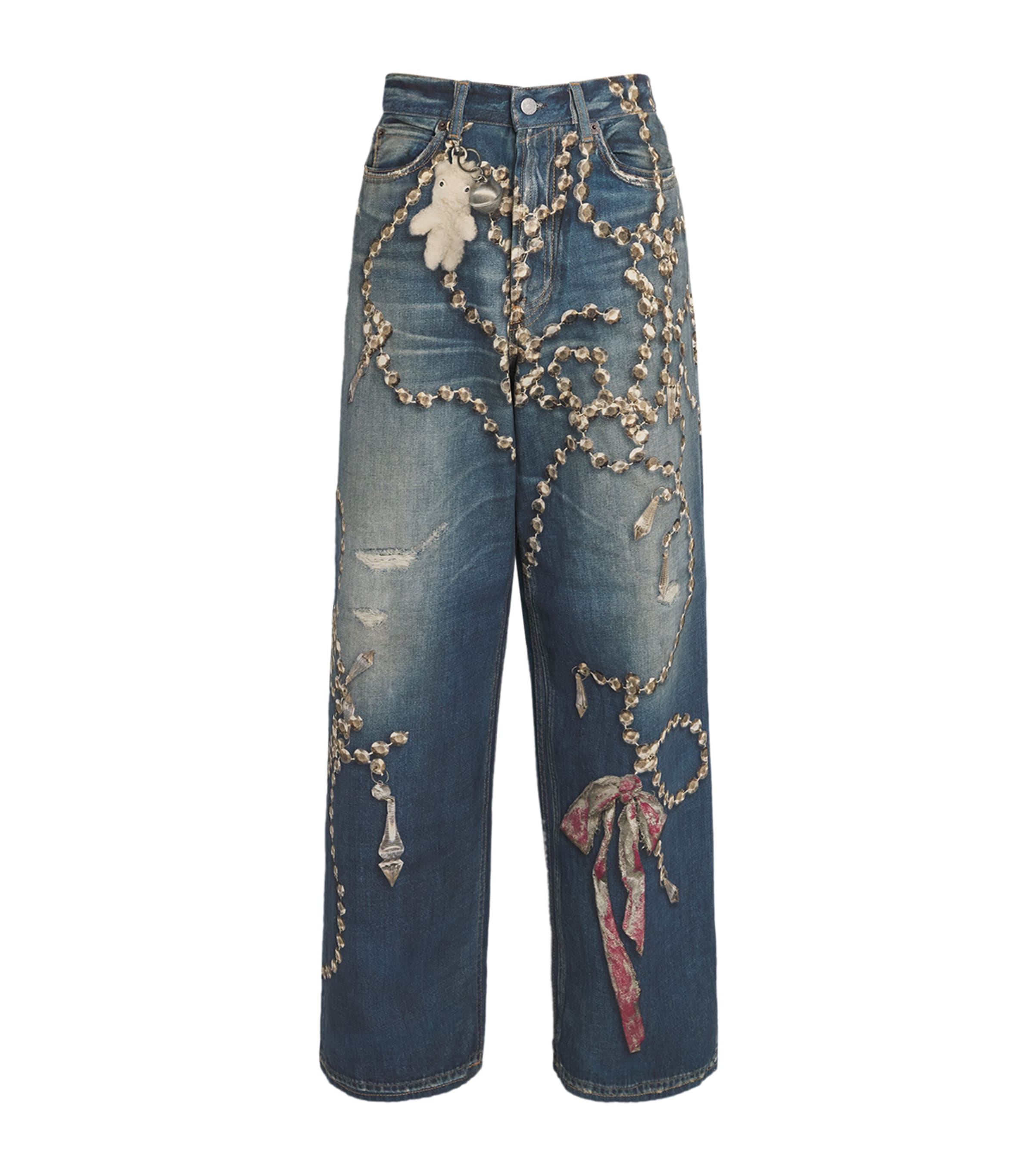 Acne Studios Womens Mid Blue Graphic-print Wide-leg Denim Jeans