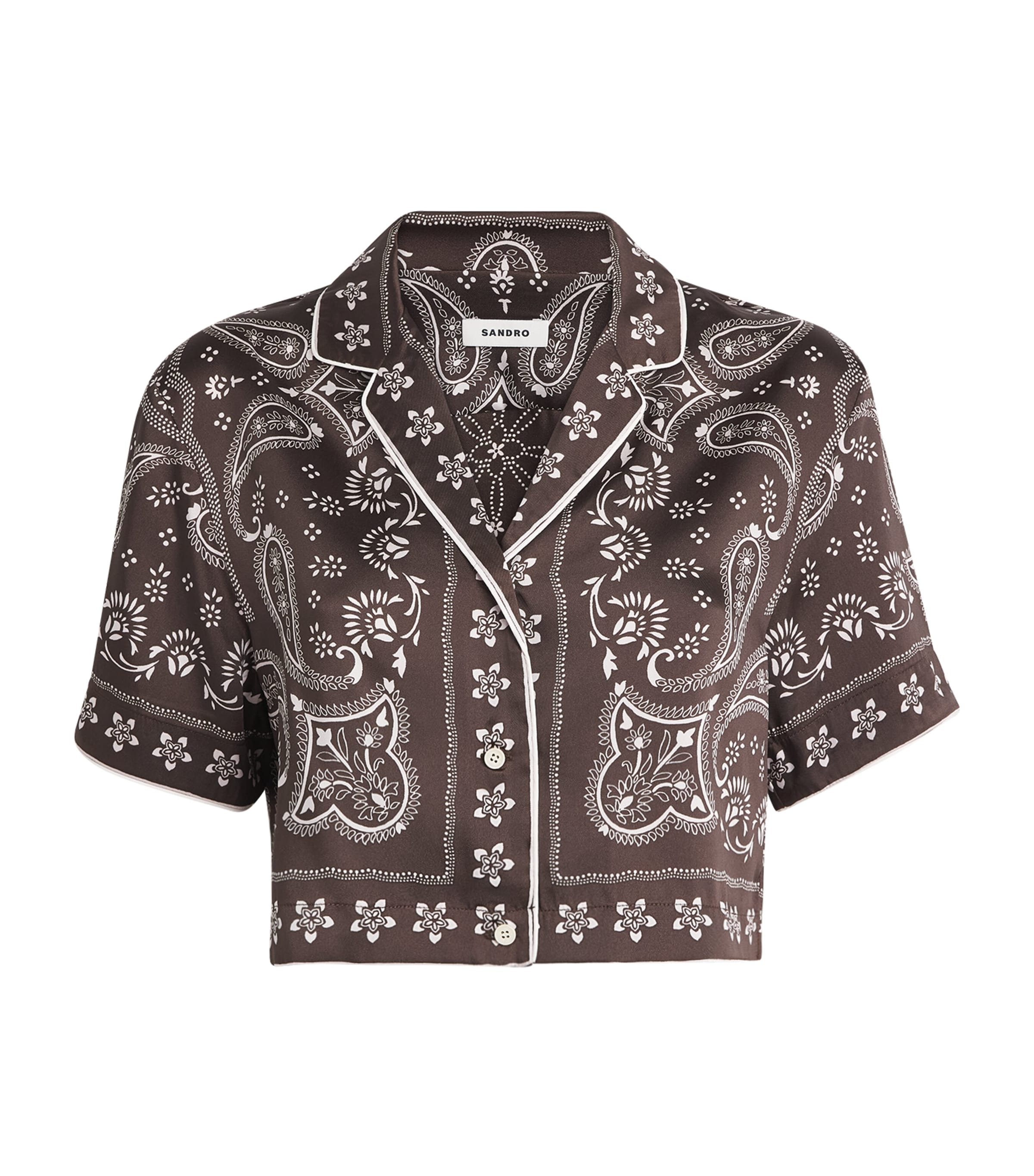 Sandro Paris Womens Satin Bandana Cropped Shirt Taupe / White Image 1