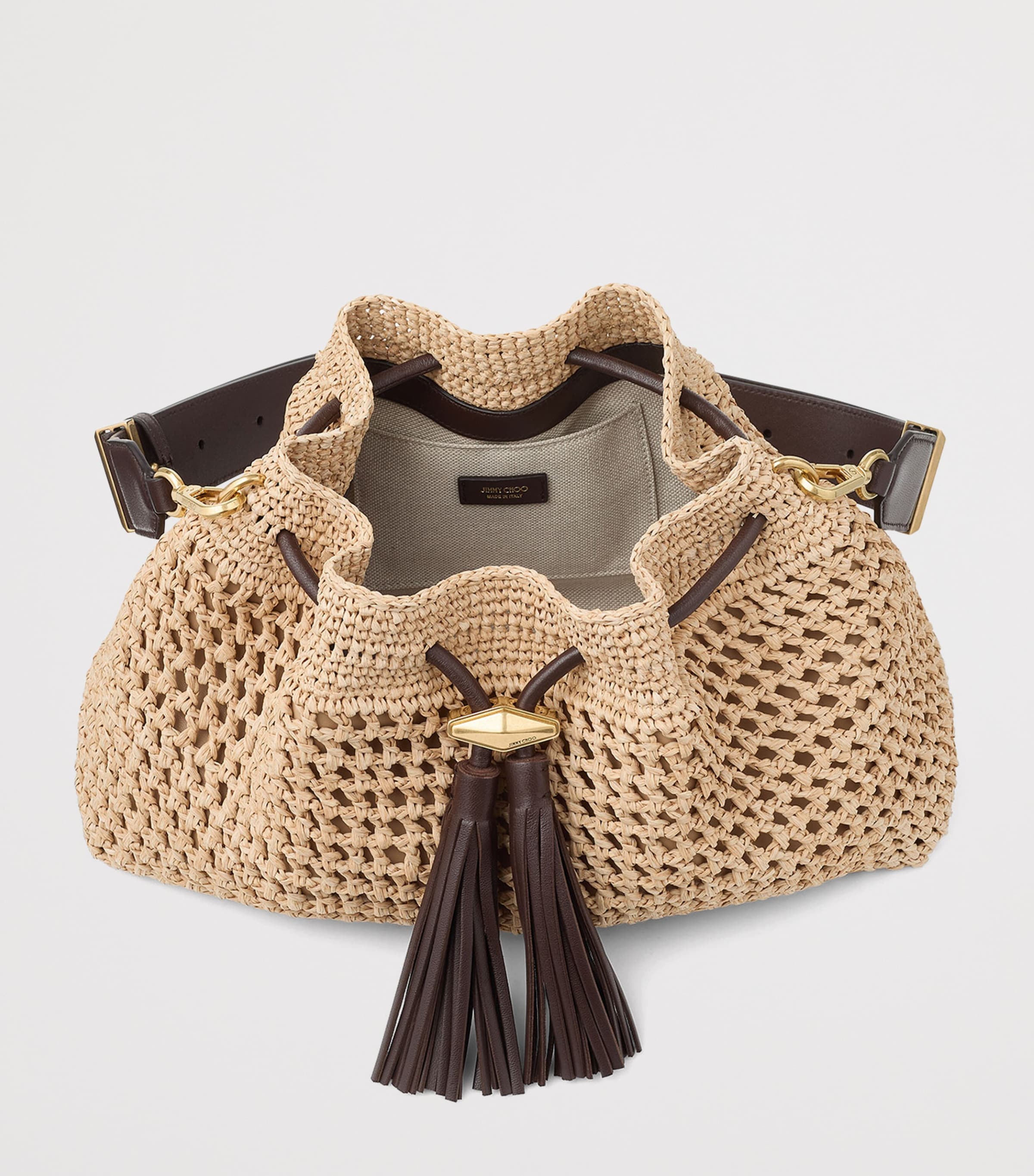 Jimmy Choo Medium Raffia Crochet Cinch Bucket Bag Natural/chocolate/go Image 4