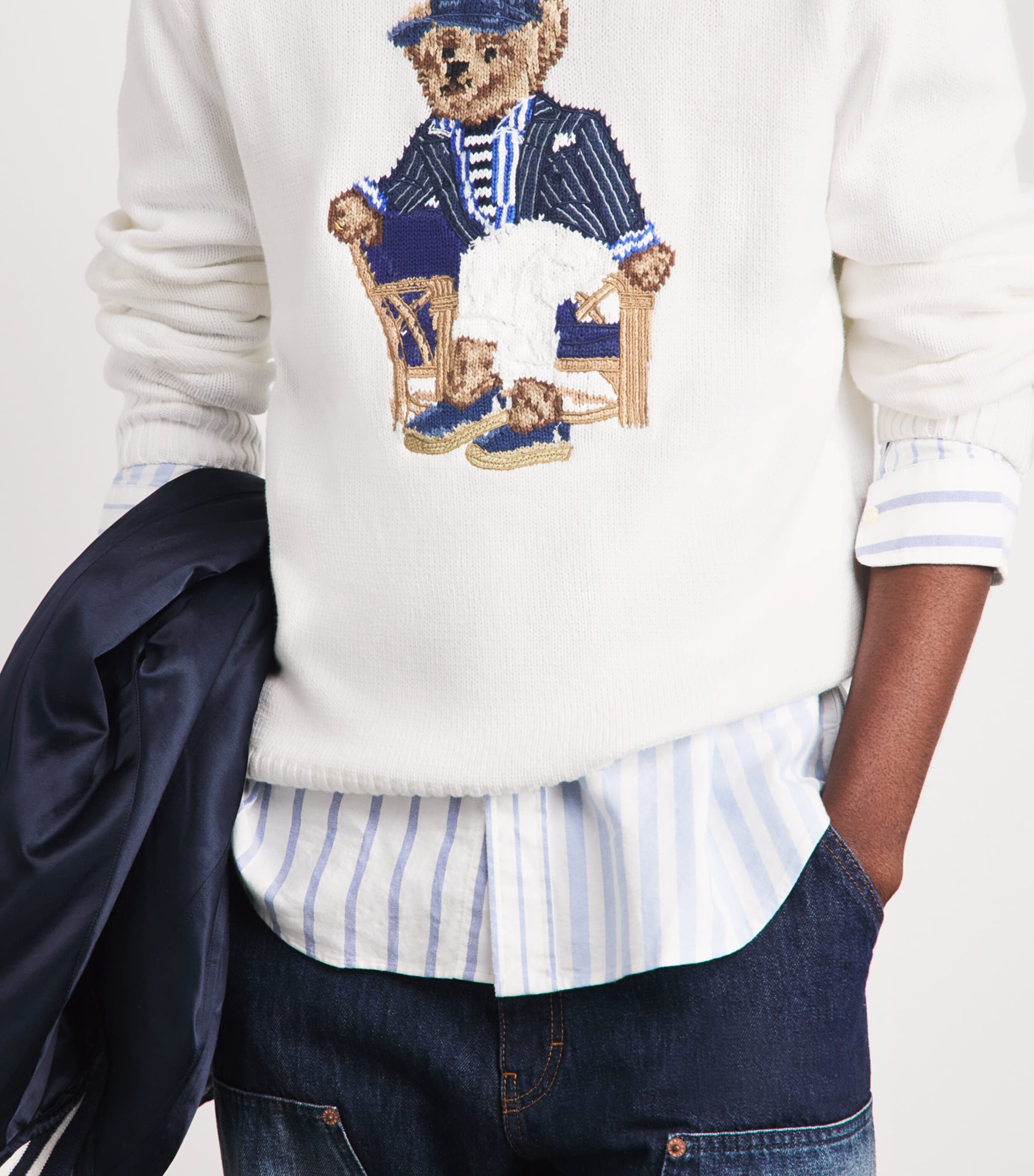 Polo Ralph Lauren Mens Cotton Jacquard Newport Bear Sweater Deckwash White Image 3