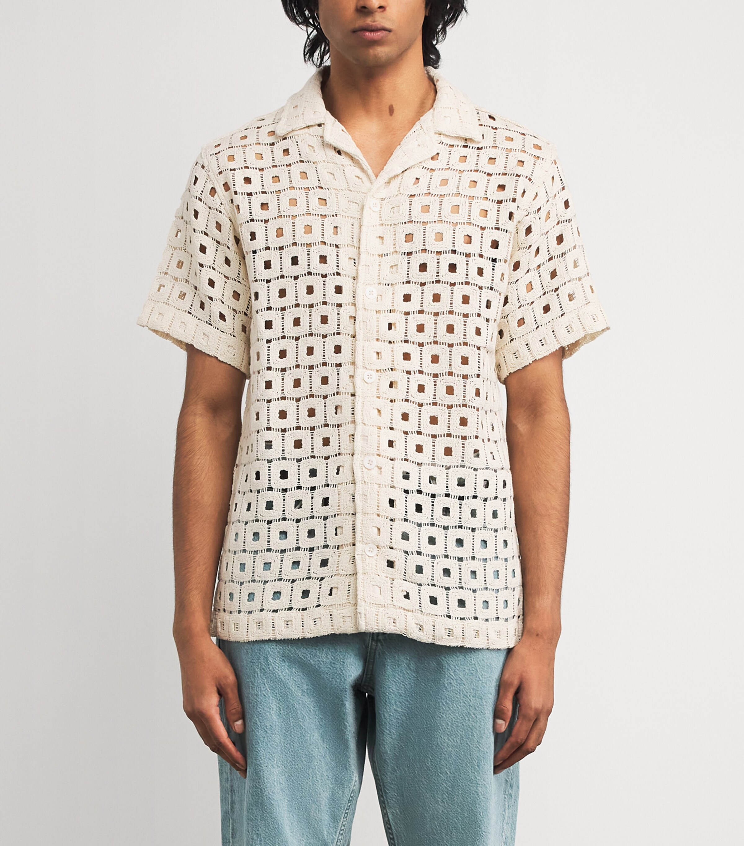 CHÉ Mens Cotton-Blend Open-Crochet Knit Shirt Ivory Image 3