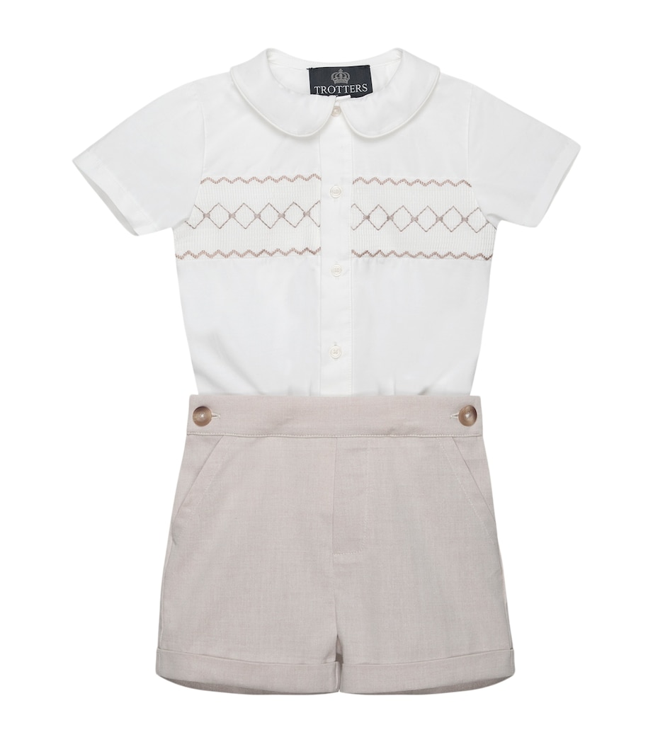 Trotters Cotton Smocked Rupert Playsuit (3-24 Months) Oatmeal/white Image 1