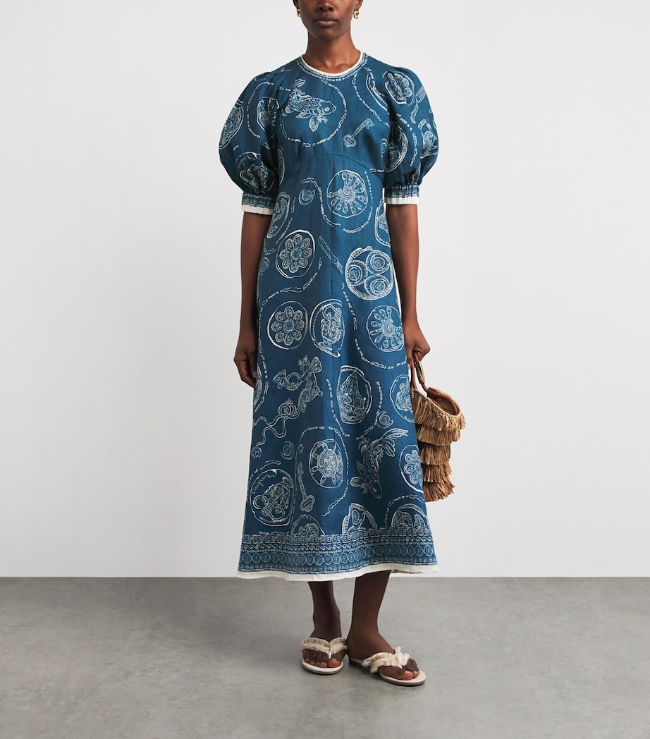 ALEMAIS Womens Linen Printed Lucky Midi Dress Blue Image 2