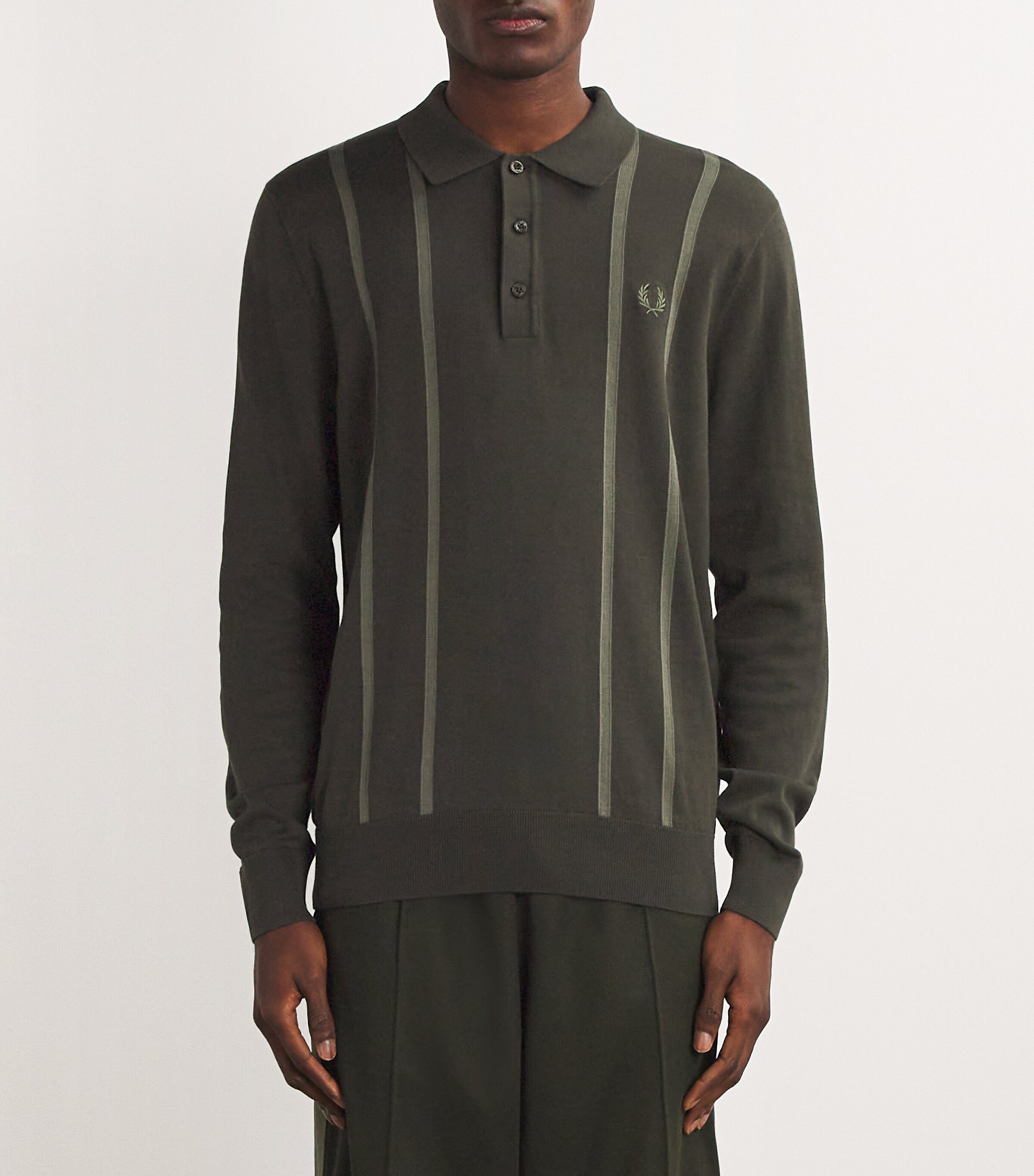Fred Perry Mens Knitted Striped Polo Shirt Hunting Green Image 2