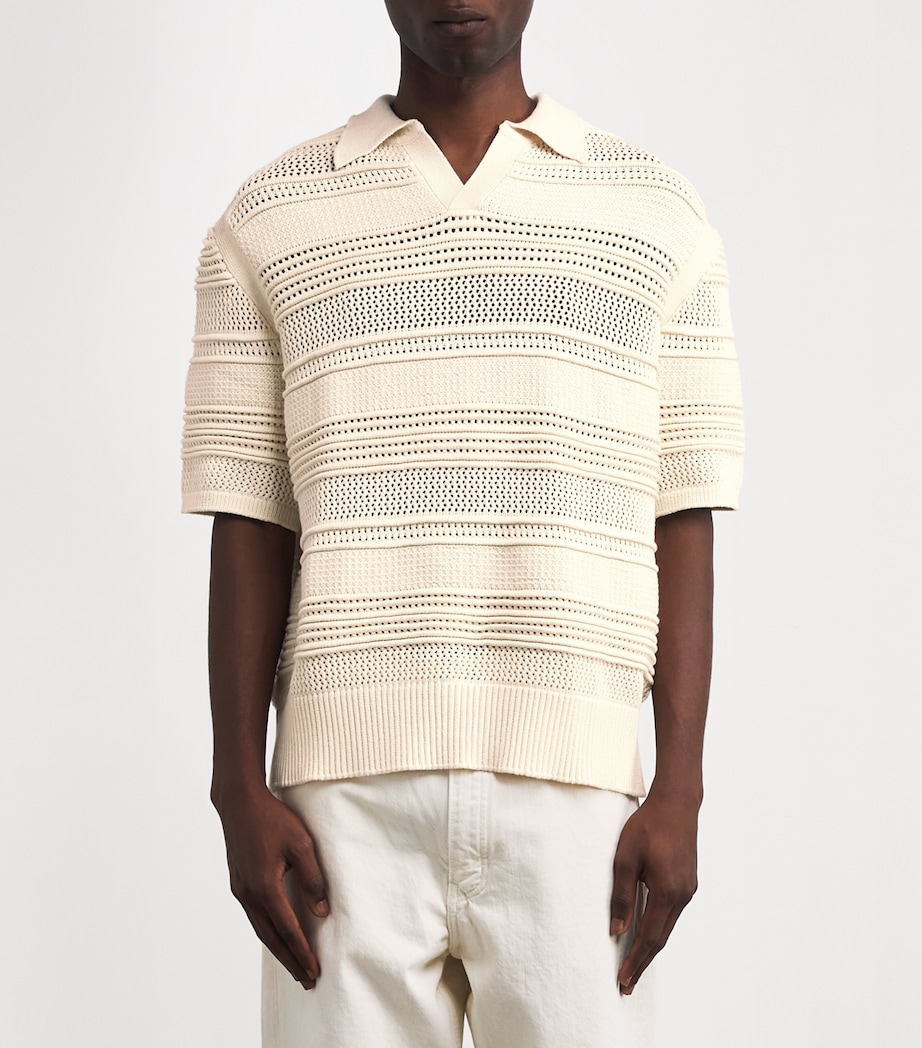 Cotton-Blend Crochet Polo Shirt CREAM Image 3