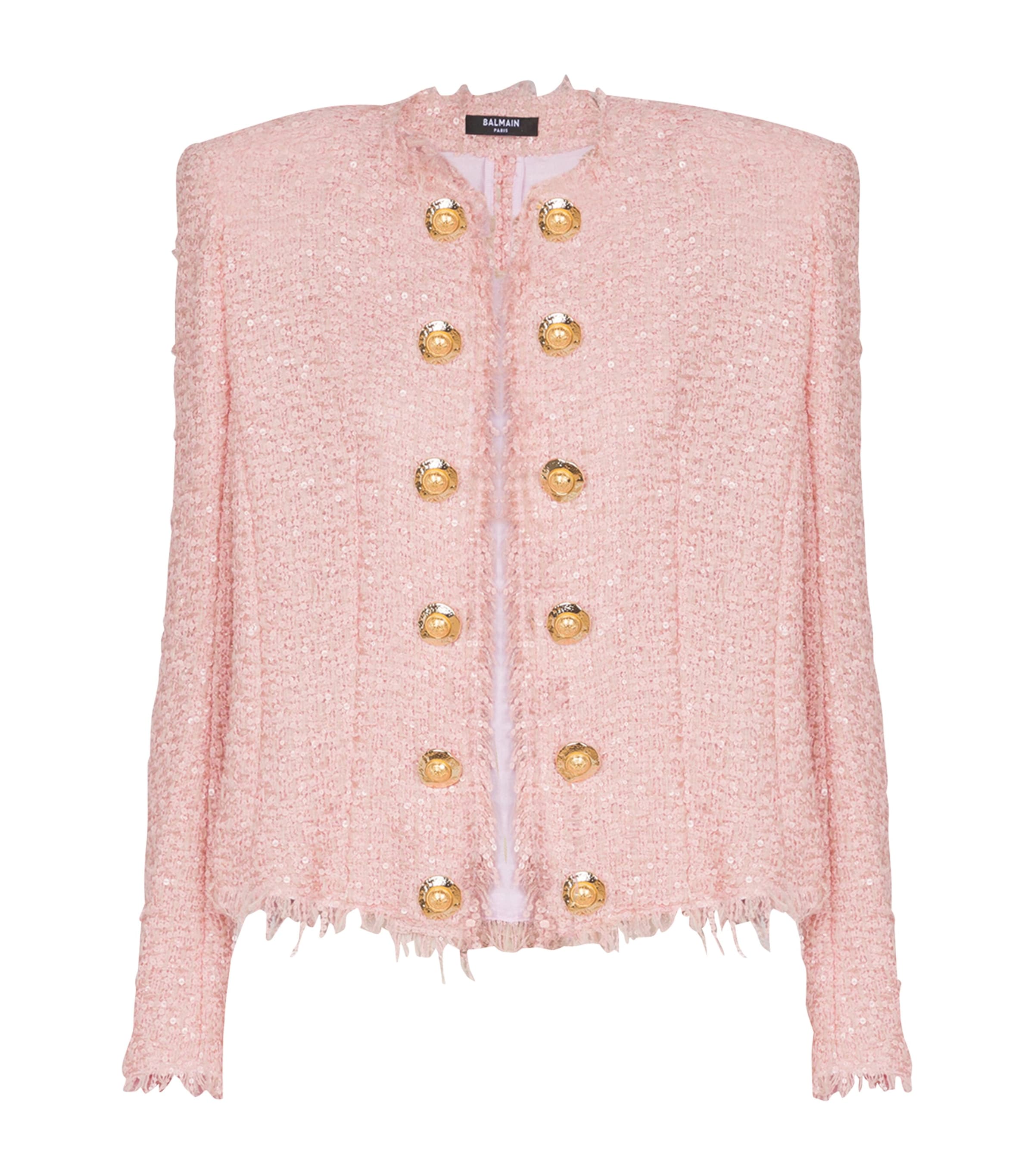 Balmain Tweed Jacket With All-over Sequins And Structured Shoulders In Pink