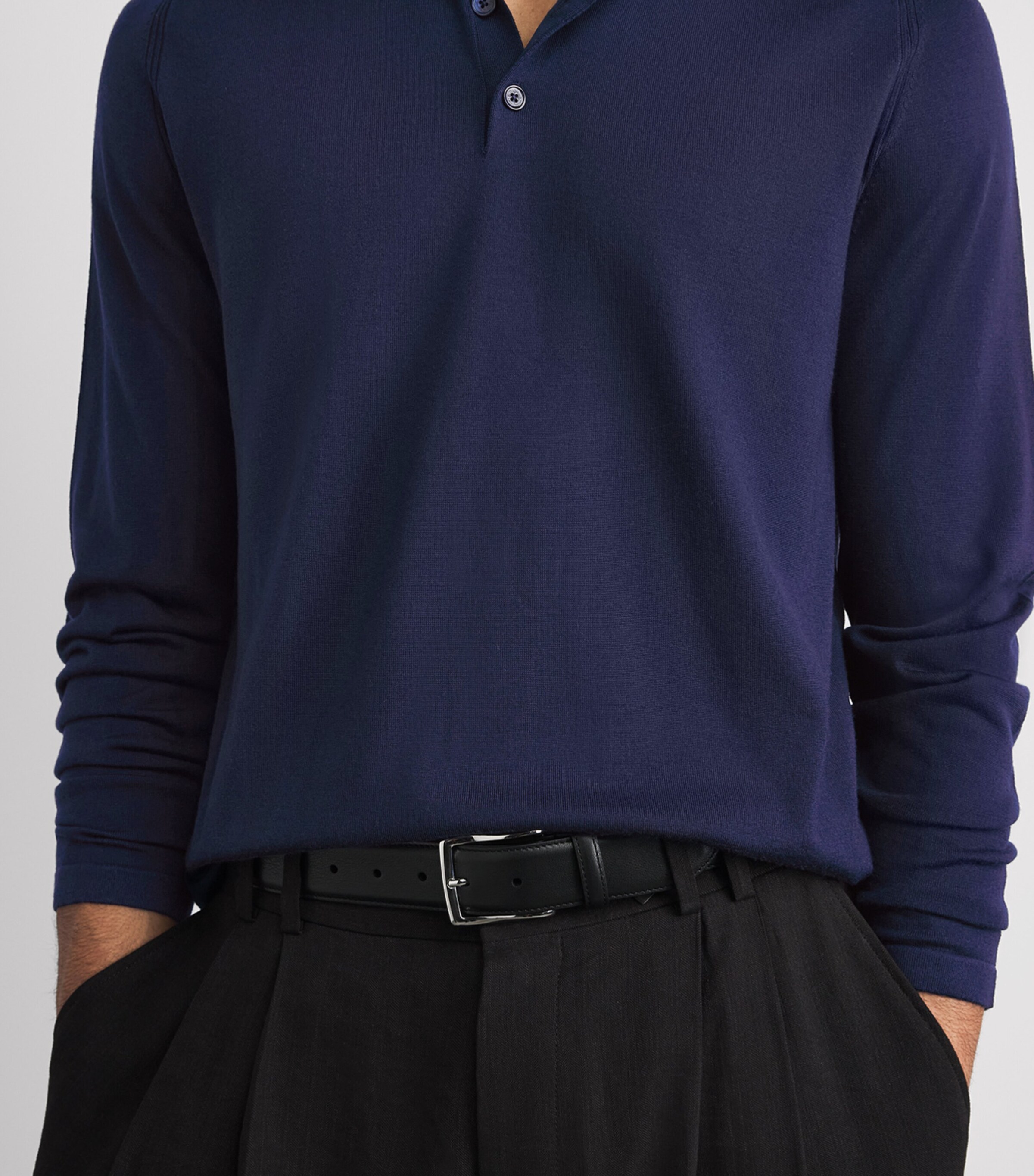 Falke Mens Wool Long-Sleeve Polo Shirt Space Blue Image 3