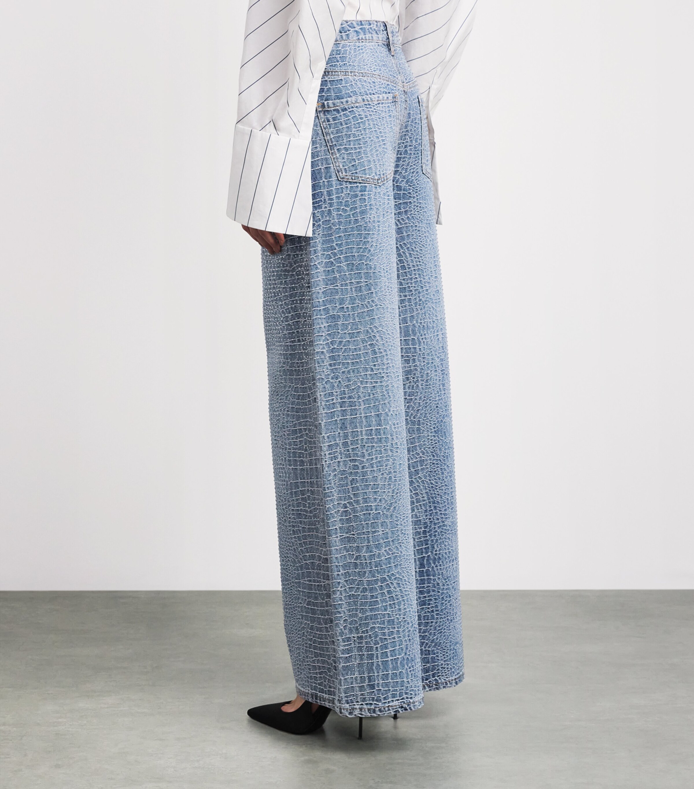Self-Portrait Womens Croc-Effect Wide-Leg Jeans Blue Image 5