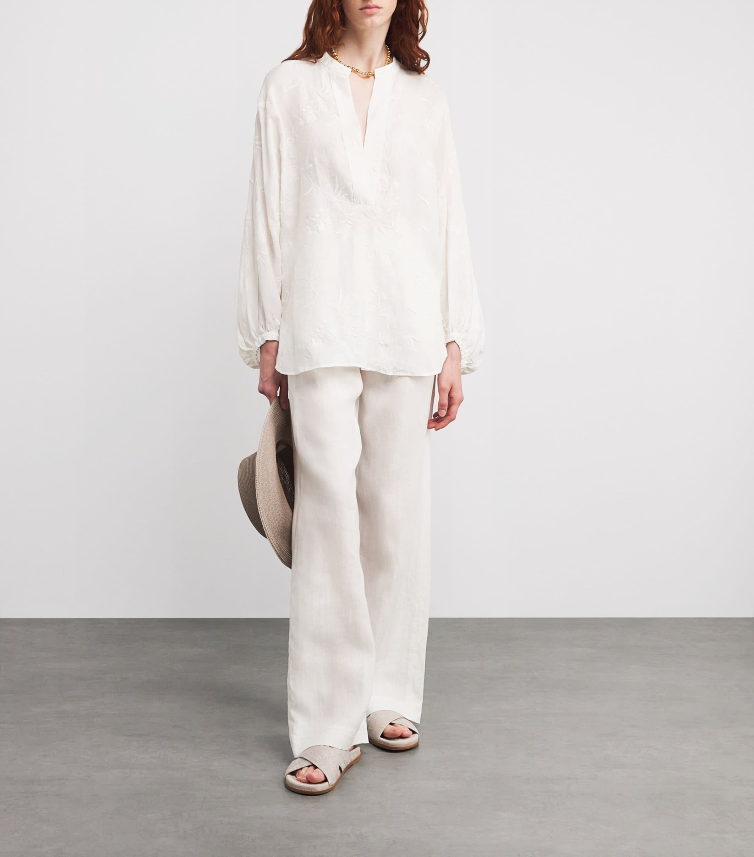 x Harrods Linen Floral-Embroidered Blouse BIANCO Image 2