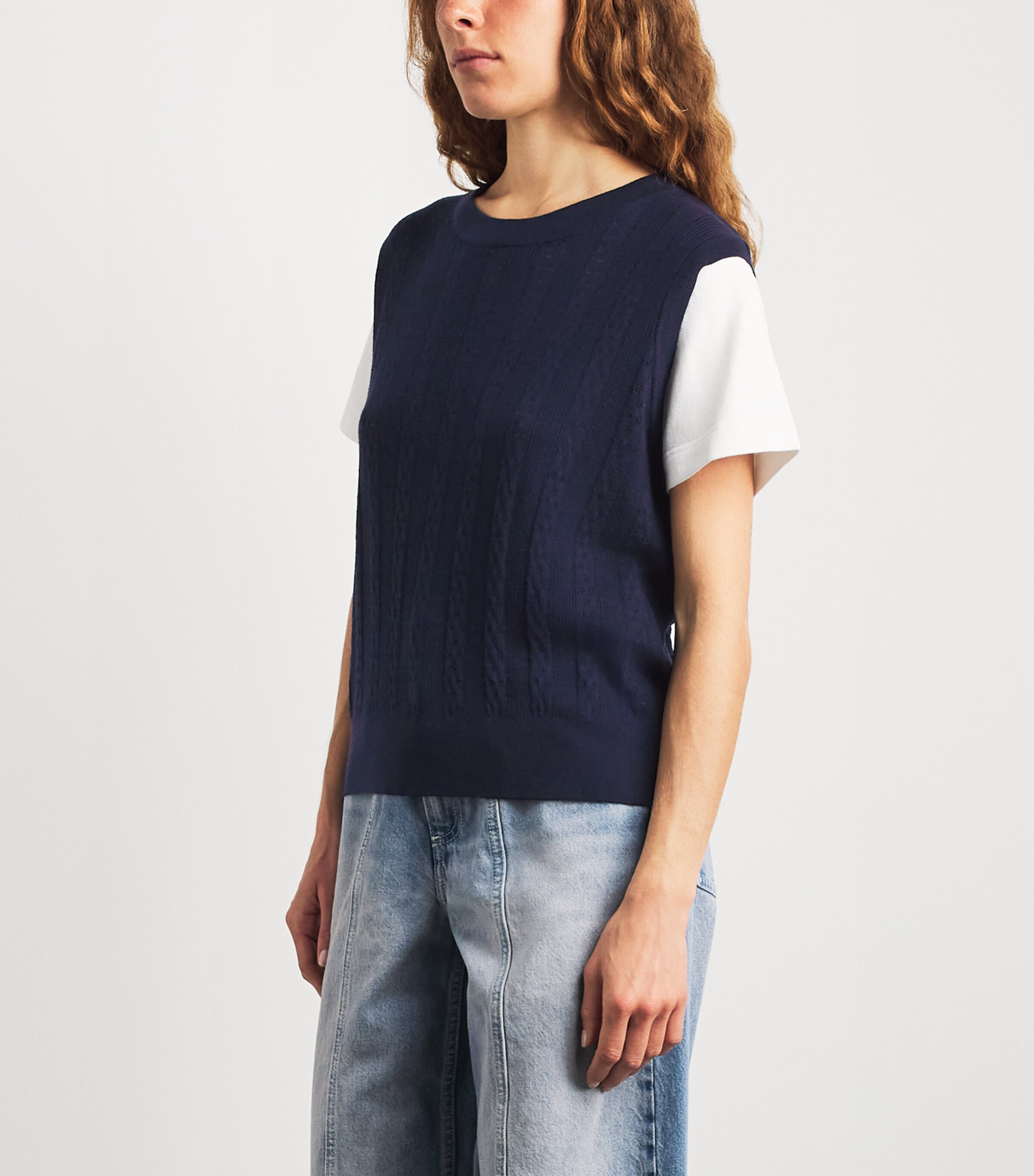 Sandro Paris Womens Pointelle Layered Sweater Navy Blue Image 4